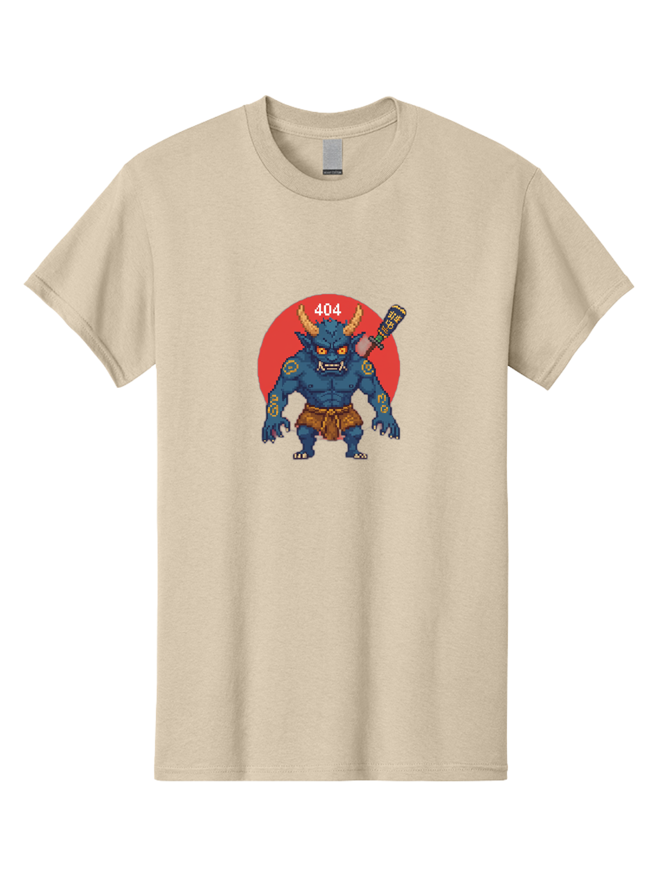 Oni-404 Men'S Graphic Tee, 100% Cotton, Comfortable Casual Summer Wear, Machine Washable, Blue Oni, Pixel Art Illustration, 8-Bit Style, Error 404, Red Circle Background, Gaming Aesthetic, Japanese Folklore, Cartoon Character, Bab051