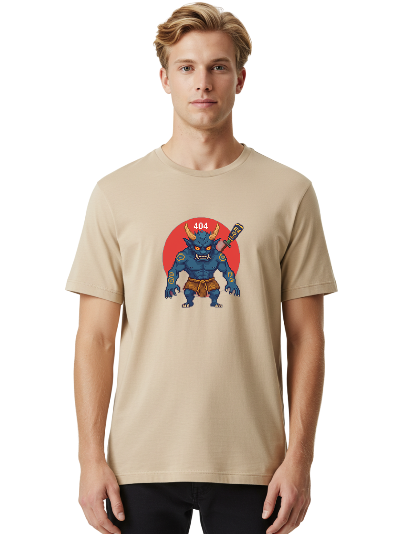 Oni-404 Men'S Graphic Tee, 100% Cotton, Comfortable Casual Summer Wear, Machine Washable, Blue Oni, Pixel Art Illustration, 8-Bit Style, Error 404, Red Circle Background, Gaming Aesthetic, Japanese Folklore, Cartoon Character, Bab051