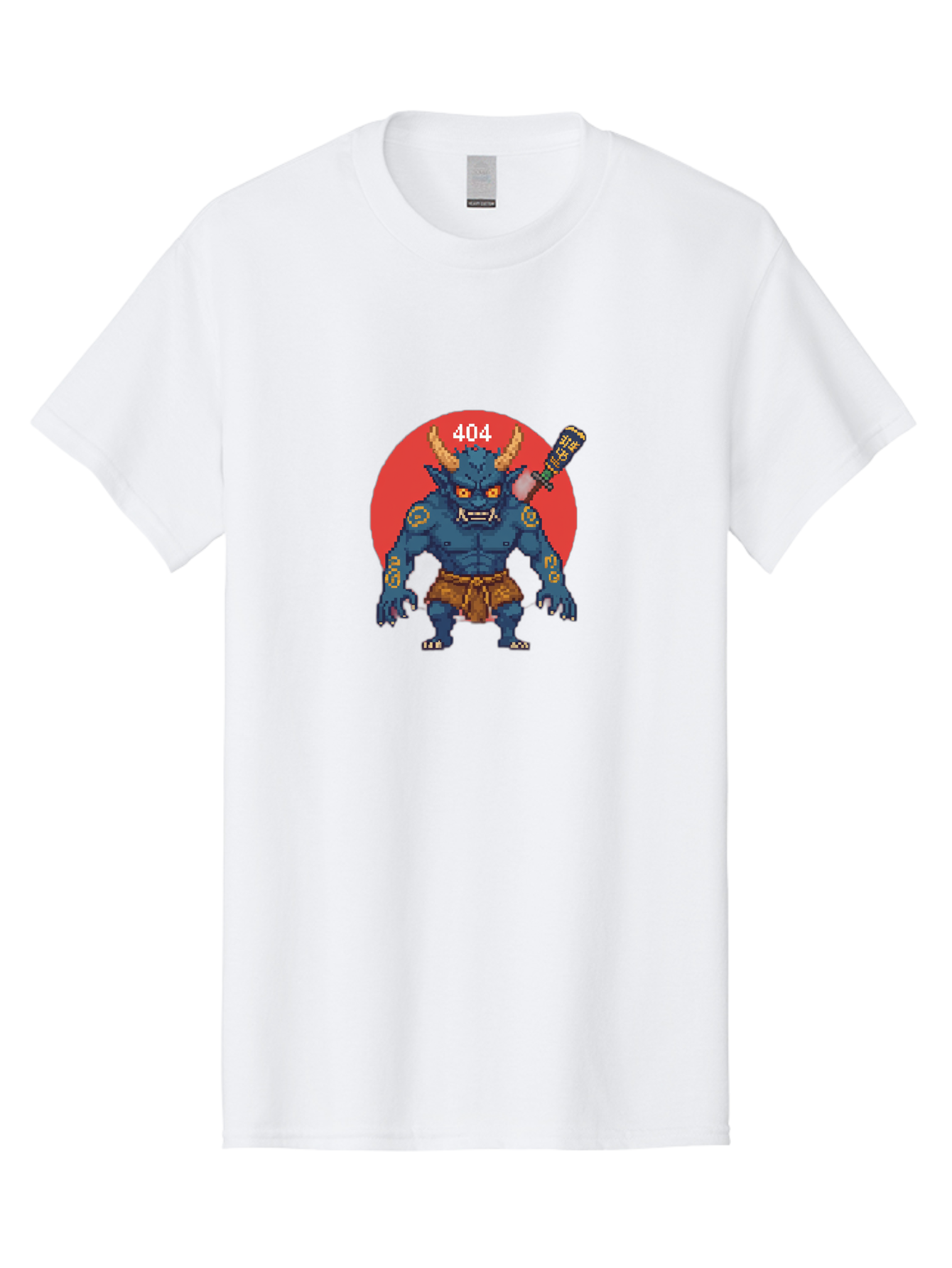 Oni-404 Men'S Graphic Tee, 100% Cotton, Comfortable Casual Summer Wear, Machine Washable, Blue Oni, Pixel Art Illustration, 8-Bit Style, Error 404, Red Circle Background, Gaming Aesthetic, Japanese Folklore, Cartoon Character, Bab051