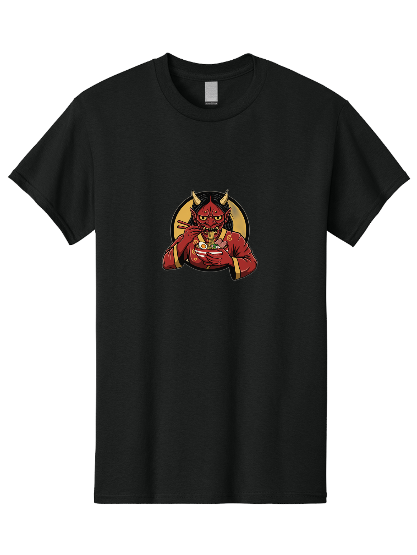 Oni-Eating-Noodles Men'S Graphic Tee, 100% Cotton, Comfortable Casual Summer Wear, Machine Washable, Red Oni Eating Ramen, Japanese Folklore, Cartoon Character, Ramen Noodles, Asian Cuisine, Chopsticks, Vibrant Illustration, Mythical Creature, Bab052