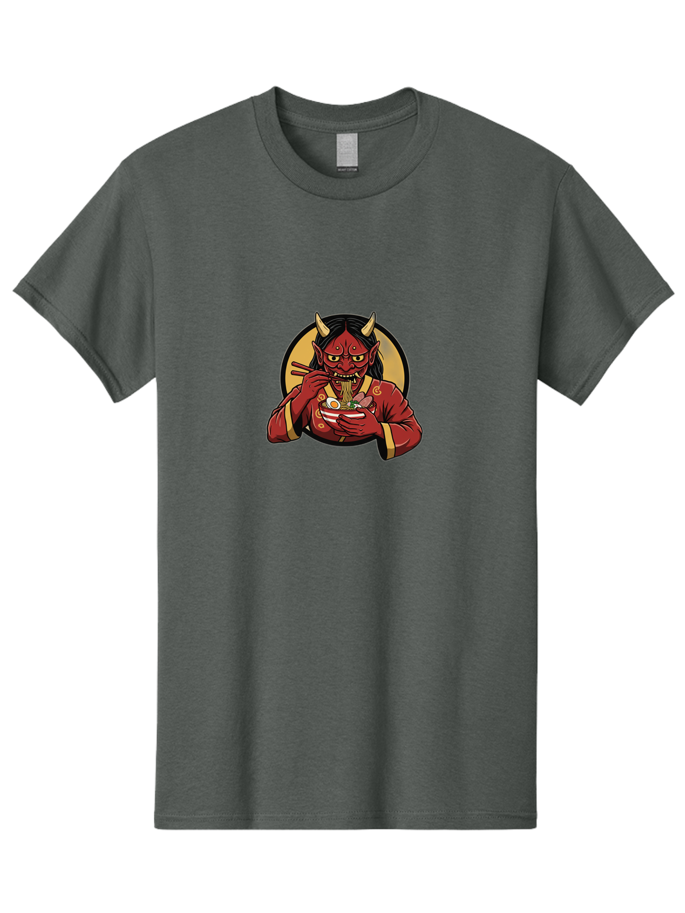 Oni-Eating-Noodles Men'S Graphic Tee, 100% Cotton, Comfortable Casual Summer Wear, Machine Washable, Red Oni Eating Ramen, Japanese Folklore, Cartoon Character, Ramen Noodles, Asian Cuisine, Chopsticks, Vibrant Illustration, Mythical Creature, Bab052