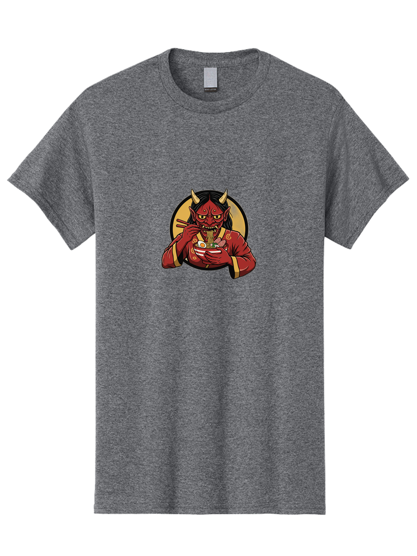 Oni-Eating-Noodles Men'S Graphic Tee, 100% Cotton, Comfortable Casual Summer Wear, Machine Washable, Red Oni Eating Ramen, Japanese Folklore, Cartoon Character, Ramen Noodles, Asian Cuisine, Chopsticks, Vibrant Illustration, Mythical Creature, Bab052
