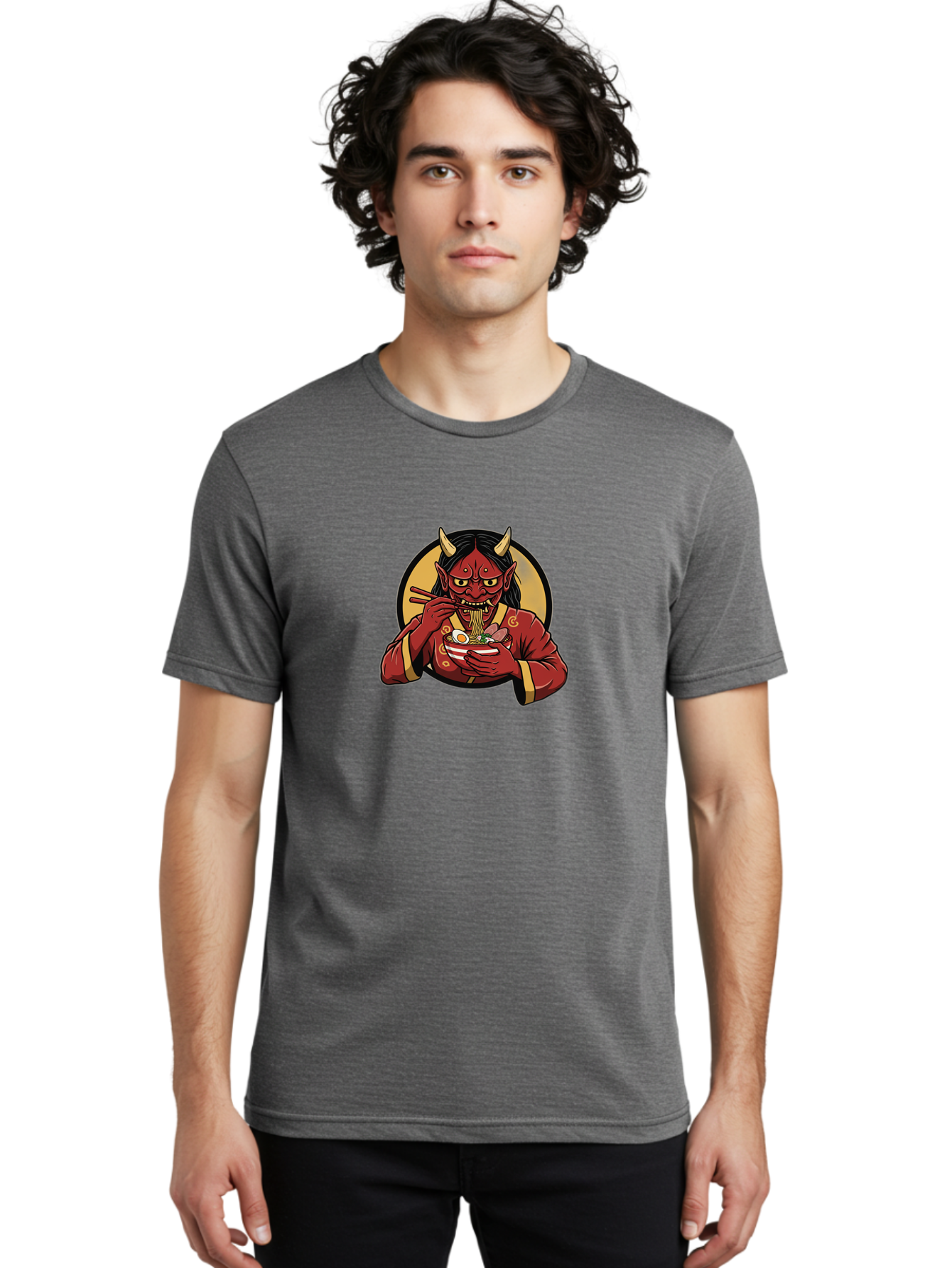 Oni-Eating-Noodles Men'S Graphic Tee, 100% Cotton, Comfortable Casual Summer Wear, Machine Washable, Red Oni Eating Ramen, Japanese Folklore, Cartoon Character, Ramen Noodles, Asian Cuisine, Chopsticks, Vibrant Illustration, Mythical Creature, Bab052
