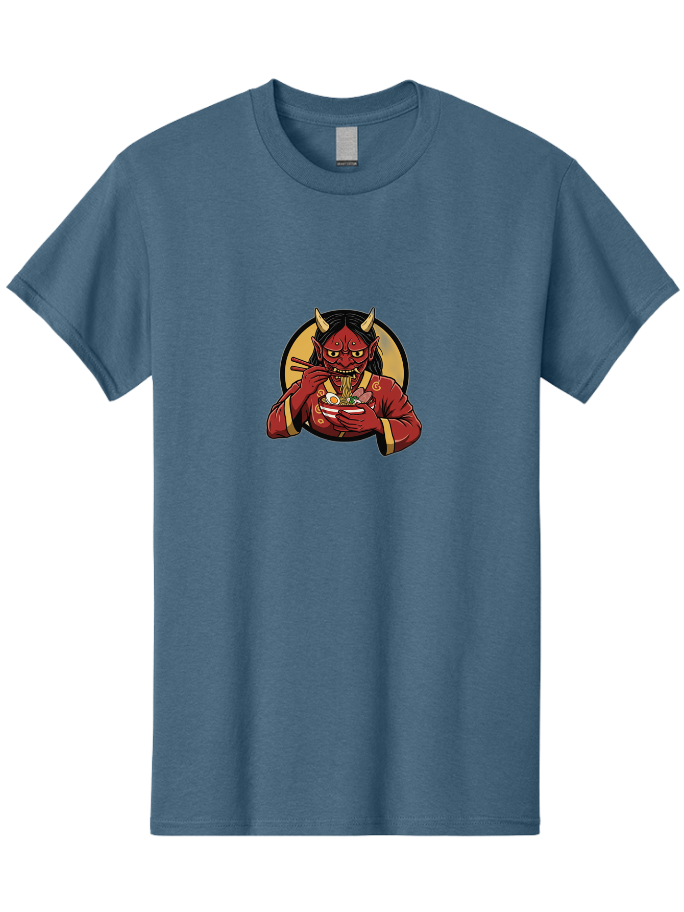 Oni-Eating-Noodles Men'S Graphic Tee, 100% Cotton, Comfortable Casual Summer Wear, Machine Washable, Red Oni Eating Ramen, Japanese Folklore, Cartoon Character, Ramen Noodles, Asian Cuisine, Chopsticks, Vibrant Illustration, Mythical Creature, Bab052