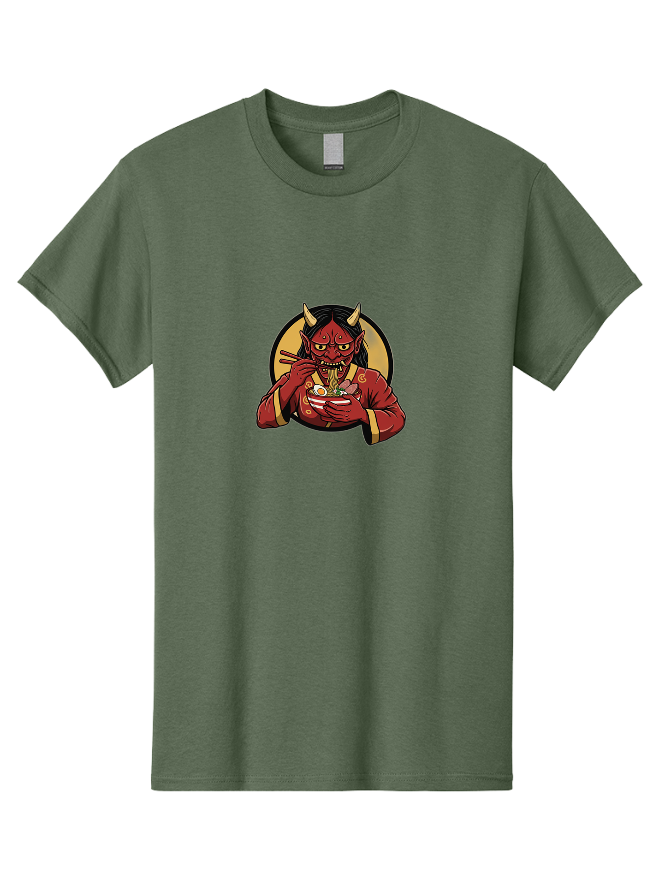 Oni-Eating-Noodles Men'S Graphic Tee, 100% Cotton, Comfortable Casual Summer Wear, Machine Washable, Red Oni Eating Ramen, Japanese Folklore, Cartoon Character, Ramen Noodles, Asian Cuisine, Chopsticks, Vibrant Illustration, Mythical Creature, Bab052