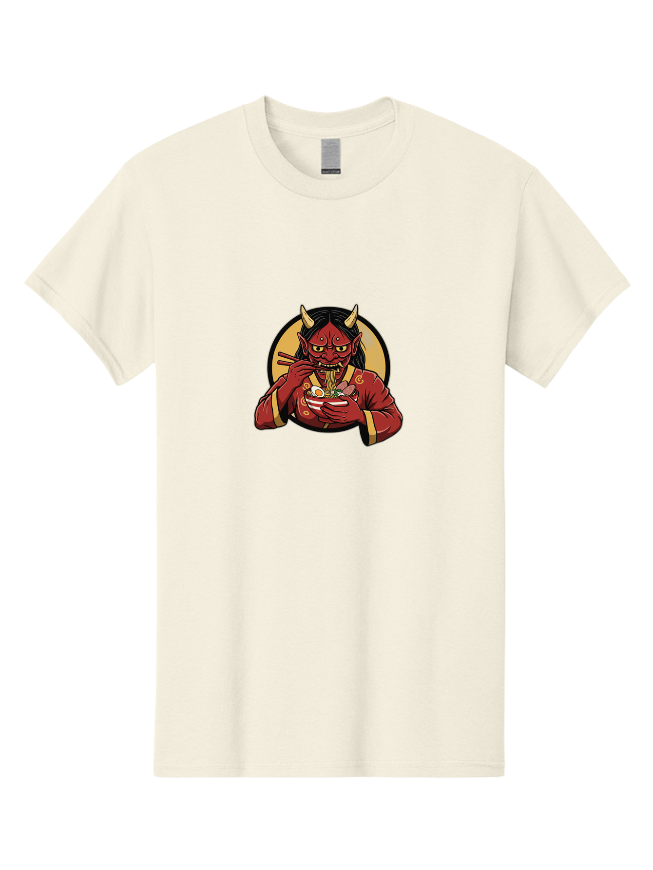 Oni-Eating-Noodles Men'S Graphic Tee, 100% Cotton, Comfortable Casual Summer Wear, Machine Washable, Red Oni Eating Ramen, Japanese Folklore, Cartoon Character, Ramen Noodles, Asian Cuisine, Chopsticks, Vibrant Illustration, Mythical Creature, Bab052