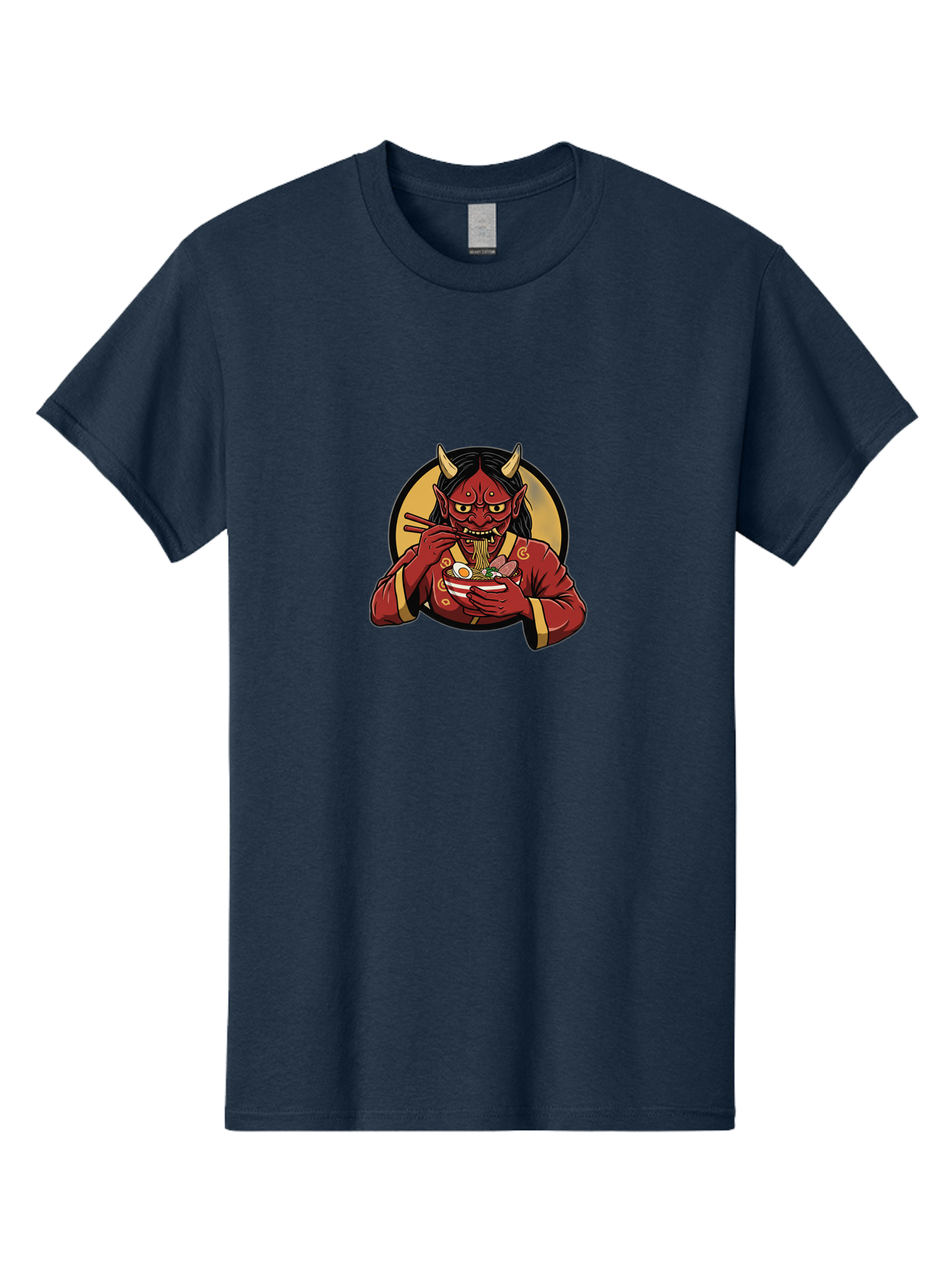Oni-Eating-Noodles Men'S Graphic Tee, 100% Cotton, Comfortable Casual Summer Wear, Machine Washable, Red Oni Eating Ramen, Japanese Folklore, Cartoon Character, Ramen Noodles, Asian Cuisine, Chopsticks, Vibrant Illustration, Mythical Creature, Bab052