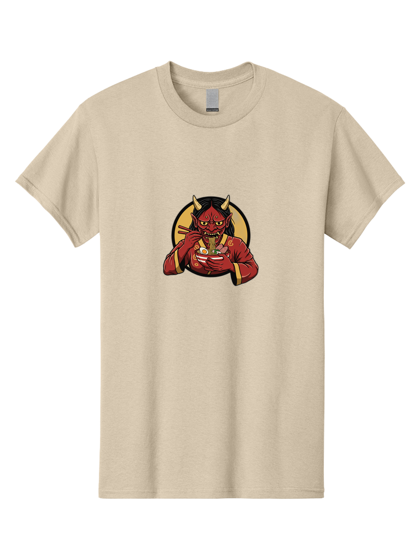 Oni-Eating-Noodles Men'S Graphic Tee, 100% Cotton, Comfortable Casual Summer Wear, Machine Washable, Red Oni Eating Ramen, Japanese Folklore, Cartoon Character, Ramen Noodles, Asian Cuisine, Chopsticks, Vibrant Illustration, Mythical Creature, Bab052
