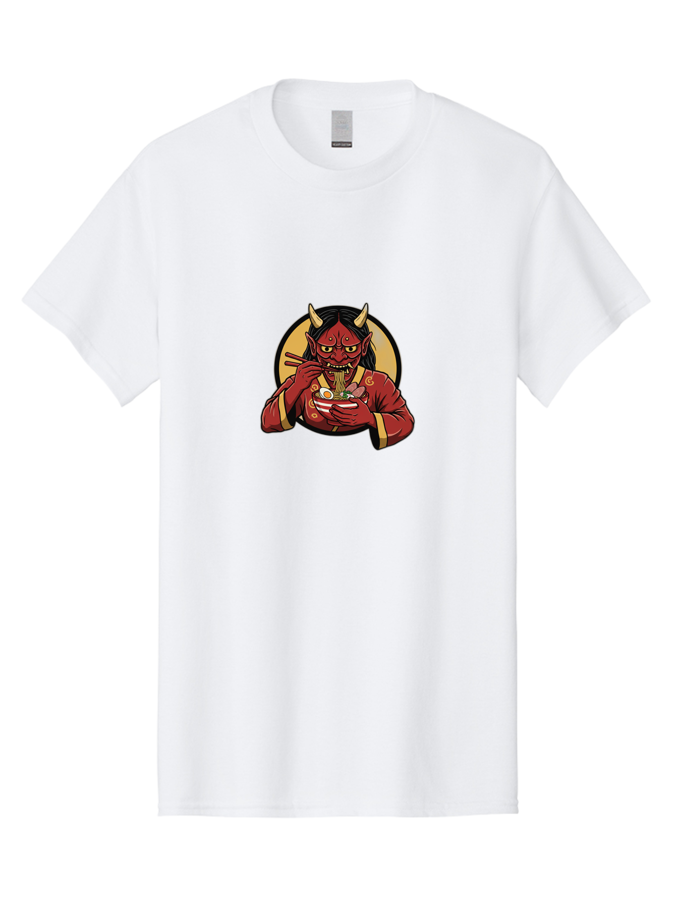 Oni-Eating-Noodles Men'S Graphic Tee, 100% Cotton, Comfortable Casual Summer Wear, Machine Washable, Red Oni Eating Ramen, Japanese Folklore, Cartoon Character, Ramen Noodles, Asian Cuisine, Chopsticks, Vibrant Illustration, Mythical Creature, Bab052