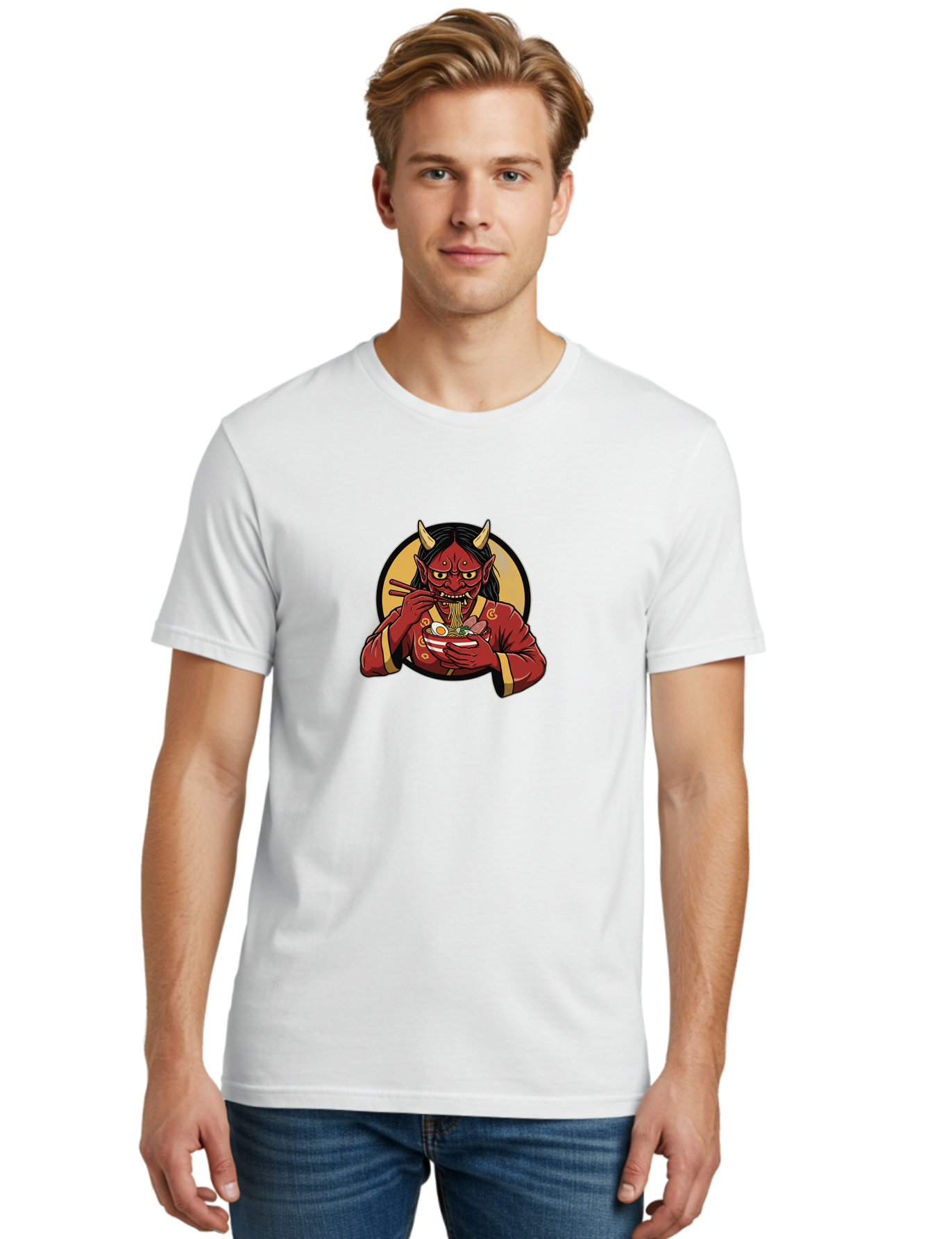 Oni-Eating-Noodles Men'S Graphic Tee, 100% Cotton, Comfortable Casual Summer Wear, Machine Washable, Red Oni Eating Ramen, Japanese Folklore, Cartoon Character, Ramen Noodles, Asian Cuisine, Chopsticks, Vibrant Illustration, Mythical Creature, Bab052
