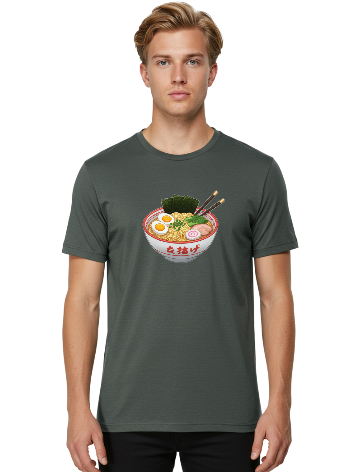 Onna-Jirage-Ramen Men'S Graphic Tee, 100% Cotton, Comfortable Casual Summer Wear, Machine Washable, Ramen Bowl, Noodle Soup, Boiled Egg, Green Onions, Seaweed, Pork Slices, Narutomaki, Chopsticks, Japanese Cuisine, Onna Zuke Bab053