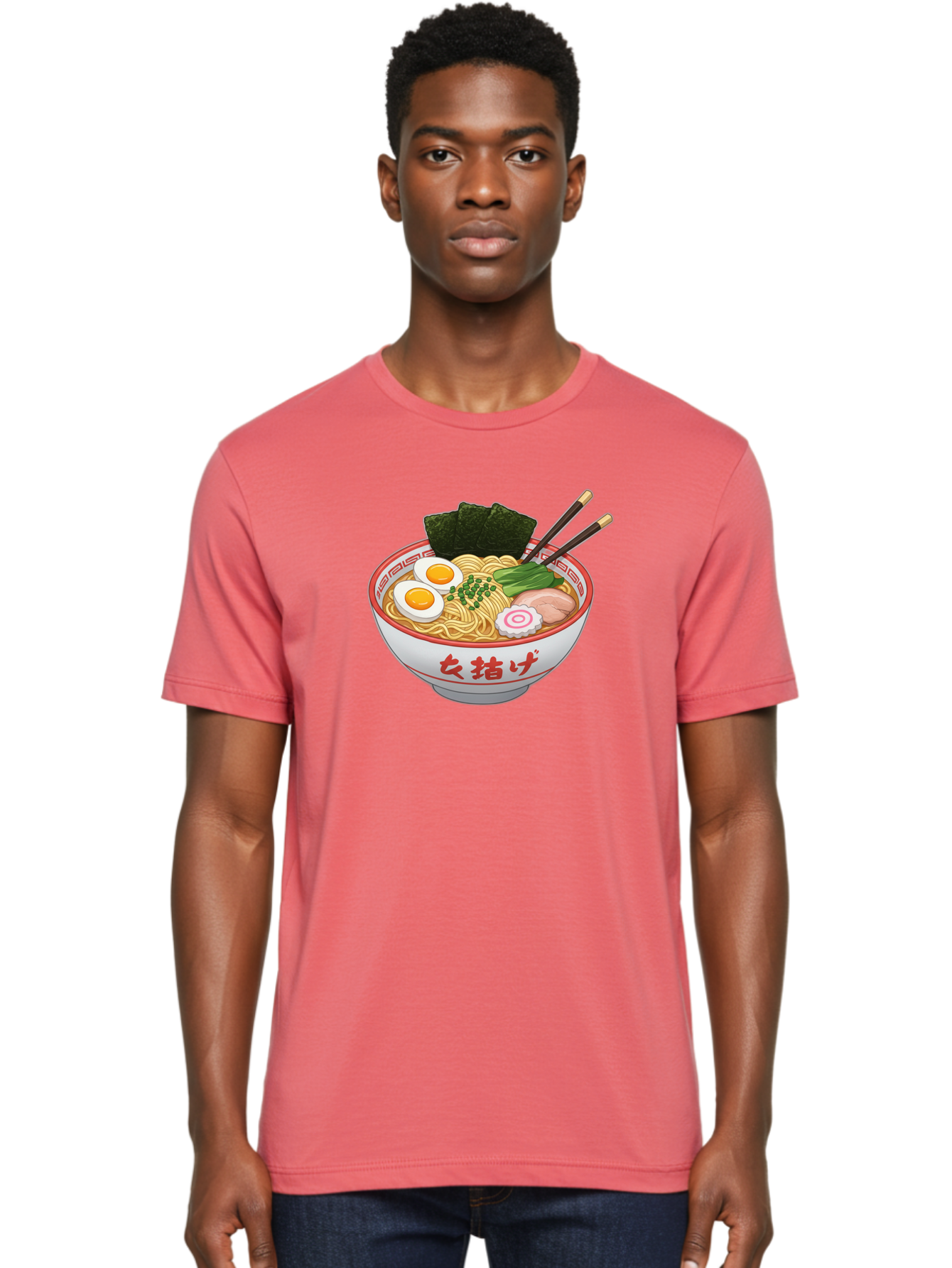 Onna-Jirage-Ramen Men'S Graphic Tee, 100% Cotton, Comfortable Casual Summer Wear, Machine Washable, Ramen Bowl, Noodle Soup, Boiled Egg, Green Onions, Seaweed, Pork Slices, Narutomaki, Chopsticks, Japanese Cuisine, Onna Zuke Bab053