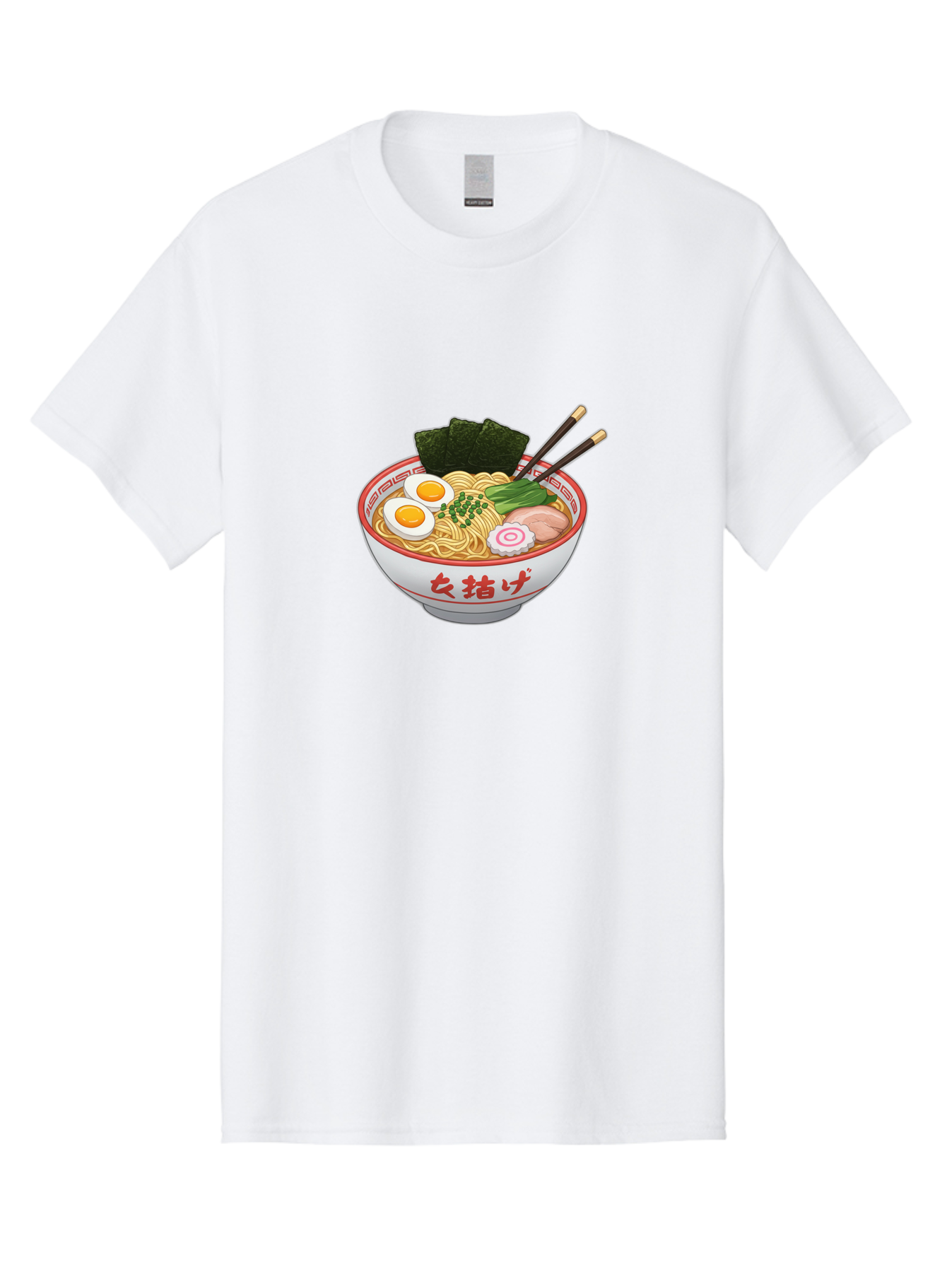 Onna-Jirage-Ramen Men'S Graphic Tee, 100% Cotton, Comfortable Casual Summer Wear, Machine Washable, Ramen Bowl, Noodle Soup, Boiled Egg, Green Onions, Seaweed, Pork Slices, Narutomaki, Chopsticks, Japanese Cuisine, Onna Zuke Bab053