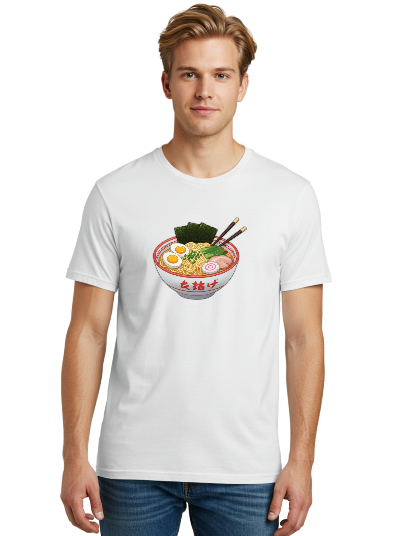 Onna-Jirage-Ramen Men'S Graphic Tee, 100% Cotton, Comfortable Casual Summer Wear, Machine Washable, Ramen Bowl, Noodle Soup, Boiled Egg, Green Onions, Seaweed, Pork Slices, Narutomaki, Chopsticks, Japanese Cuisine, Onna Zuke Bab053