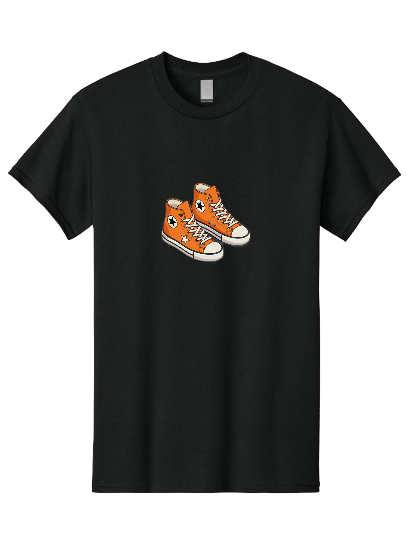 Orange-High-Tops Men'S Graphic Tee, 100% Cotton, Comfortable Casual Summer Wear, Machine Washable, Orange Sneakers, White Laces, Black Star Logo, White Star, Casual Footwear, Comfortable Shoes, Athletic Wear, Fashion Sneakers, Street Style Bab055