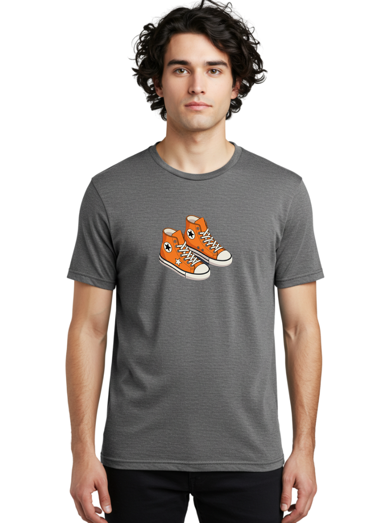 Orange-High-Tops Men'S Graphic Tee, 100% Cotton, Comfortable Casual Summer Wear, Machine Washable, Orange Sneakers, White Laces, Black Star Logo, White Star, Casual Footwear, Comfortable Shoes, Athletic Wear, Fashion Sneakers, Street Style Bab055