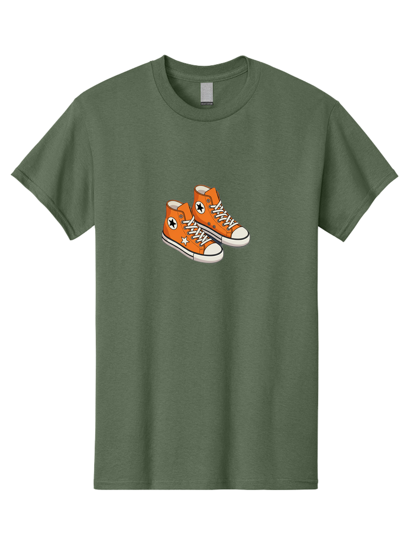 Orange-High-Tops Men'S Graphic Tee, 100% Cotton, Comfortable Casual Summer Wear, Machine Washable, Orange Sneakers, White Laces, Black Star Logo, White Star, Casual Footwear, Comfortable Shoes, Athletic Wear, Fashion Sneakers, Street Style Bab055