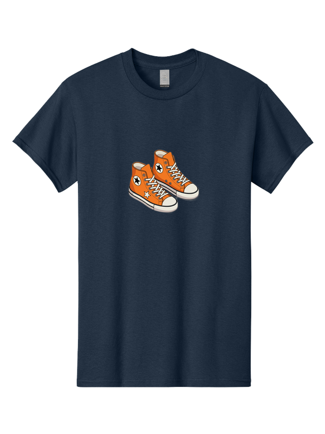 Orange-High-Tops Men'S Graphic Tee, 100% Cotton, Comfortable Casual Summer Wear, Machine Washable, Orange Sneakers, White Laces, Black Star Logo, White Star, Casual Footwear, Comfortable Shoes, Athletic Wear, Fashion Sneakers, Street Style Bab055