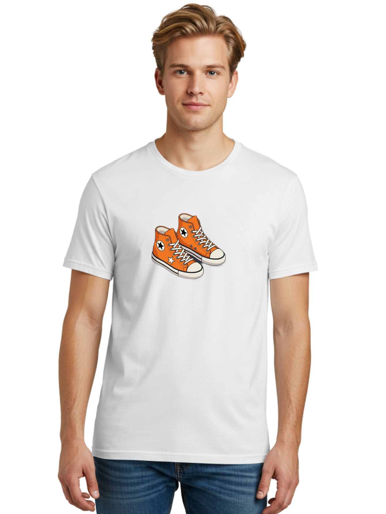 Orange-High-Tops Men'S Graphic Tee, 100% Cotton, Comfortable Casual Summer Wear, Machine Washable, Orange Sneakers, White Laces, Black Star Logo, White Star, Casual Footwear, Comfortable Shoes, Athletic Wear, Fashion Sneakers, Street Style Bab055