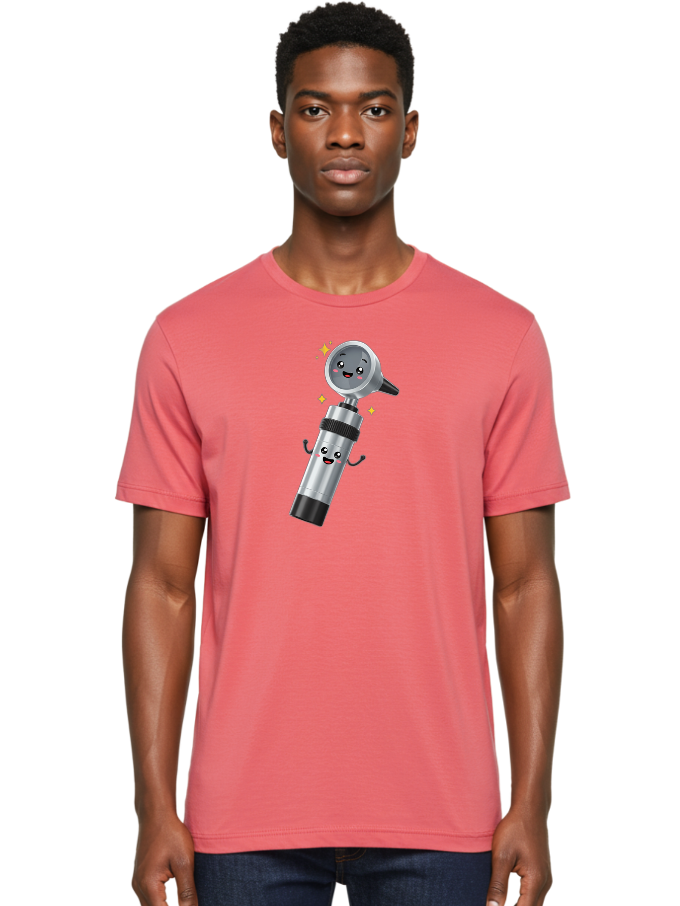 Otoscope-Character Men'S Graphic Tee, 100% Cotton, Comfortable Casual Summer Wear, Machine Washable, Otoscope With Smiling Face, Cartoon Character, Medical Tool, Health Care, Ear Examination, Happy Face, Sparkles, Medical Equipment Bab058
