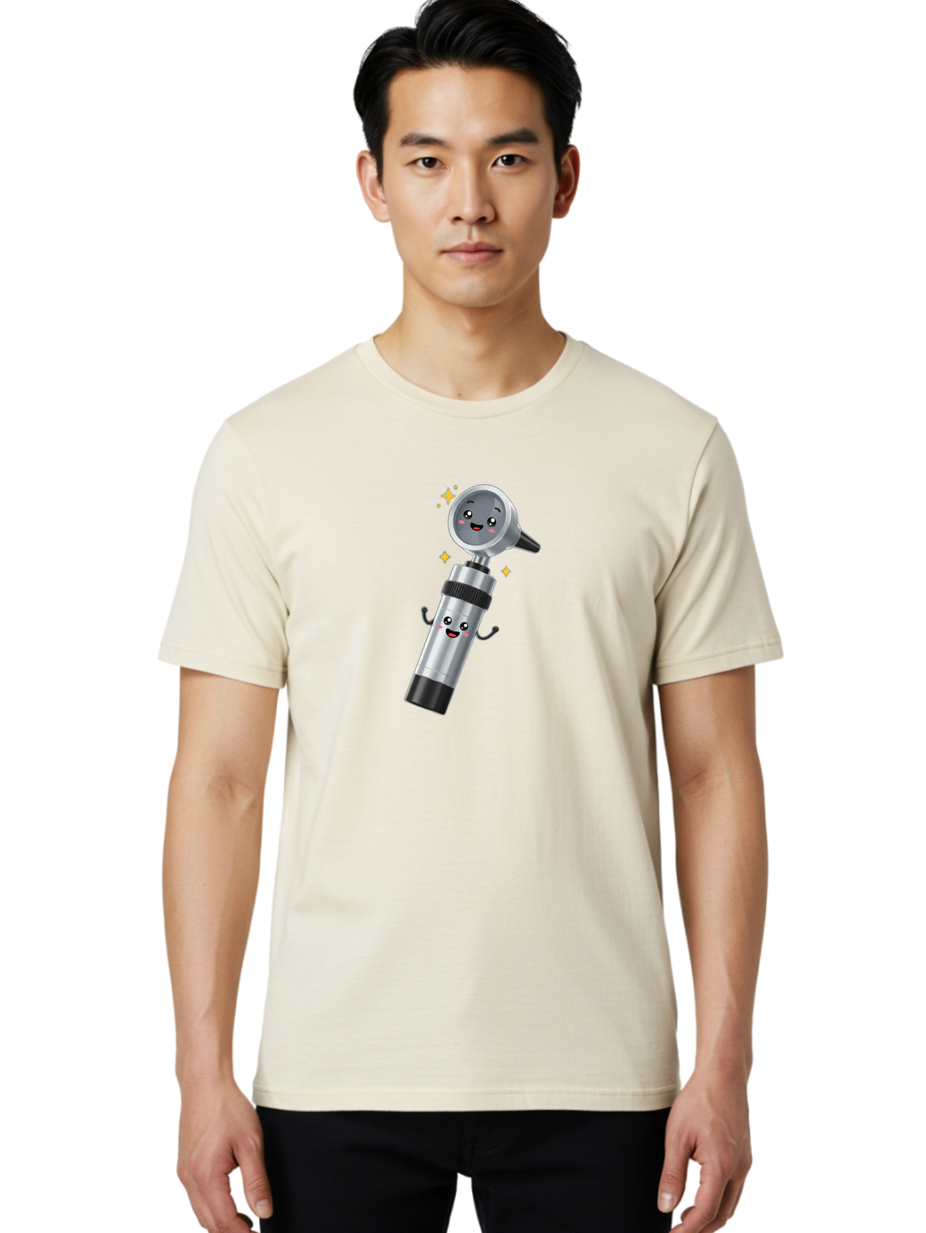 Otoscope-Character Men'S Graphic Tee, 100% Cotton, Comfortable Casual Summer Wear, Machine Washable, Otoscope With Smiling Face, Cartoon Character, Medical Tool, Health Care, Ear Examination, Happy Face, Sparkles, Medical Equipment Bab058
