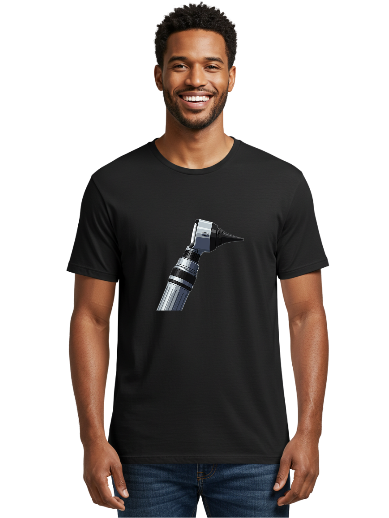Otoscope Men'S Graphic Tee, 100% Cotton, Comfortable Casual Summer Wear, Machine Washable, Otoscope For Ear Examination, Medical Device, Healthcare Equipment, Doctor'S Tool, Silver And Black Design, Ear Inspection Bab059