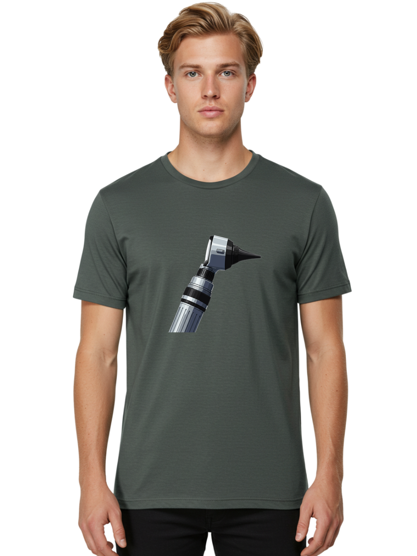 Otoscope Men'S Graphic Tee, 100% Cotton, Comfortable Casual Summer Wear, Machine Washable, Otoscope For Ear Examination, Medical Device, Healthcare Equipment, Doctor'S Tool, Silver And Black Design, Ear Inspection Bab059