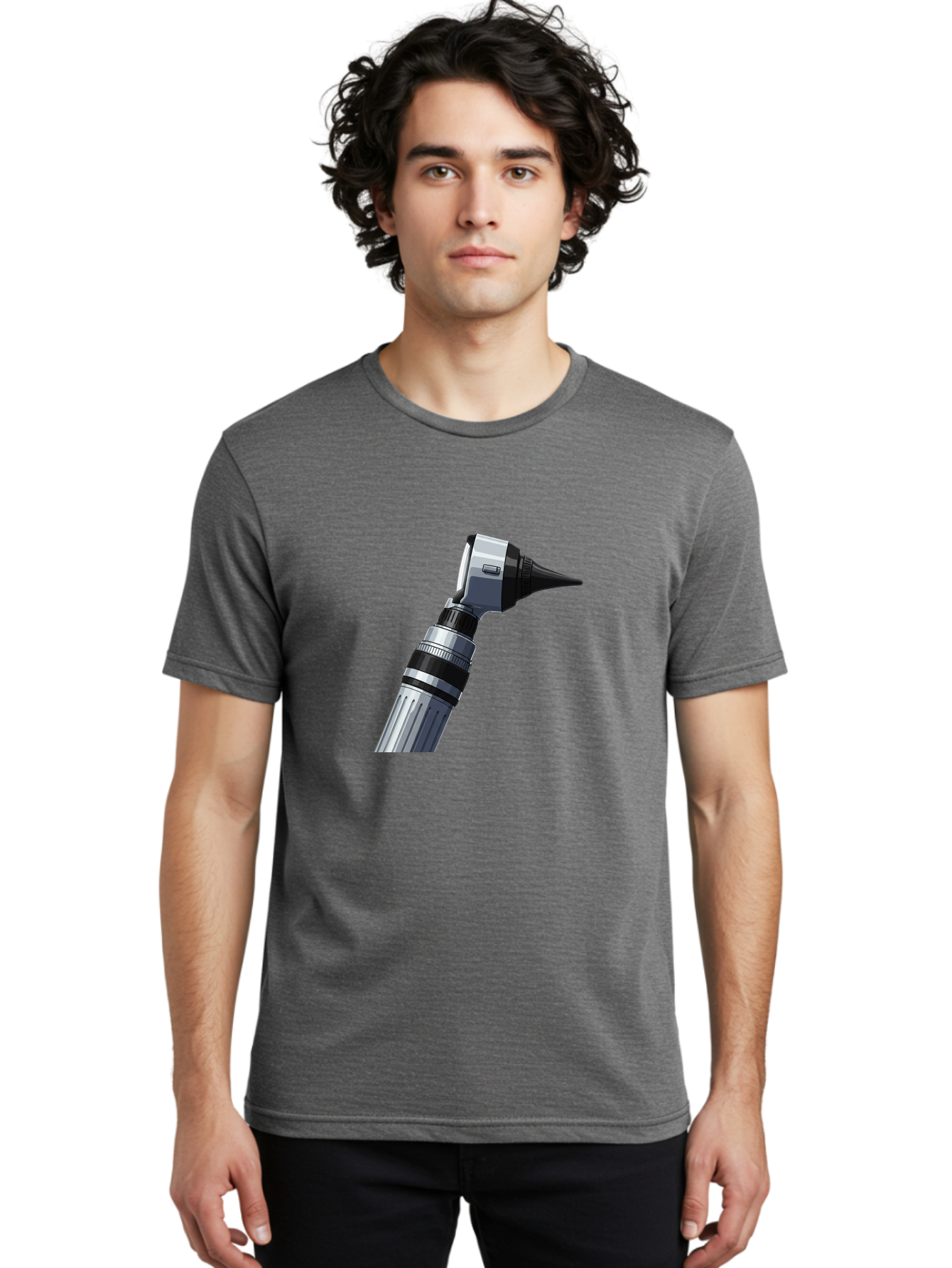 Otoscope Men'S Graphic Tee, 100% Cotton, Comfortable Casual Summer Wear, Machine Washable, Otoscope For Ear Examination, Medical Device, Healthcare Equipment, Doctor'S Tool, Silver And Black Design, Ear Inspection Bab059