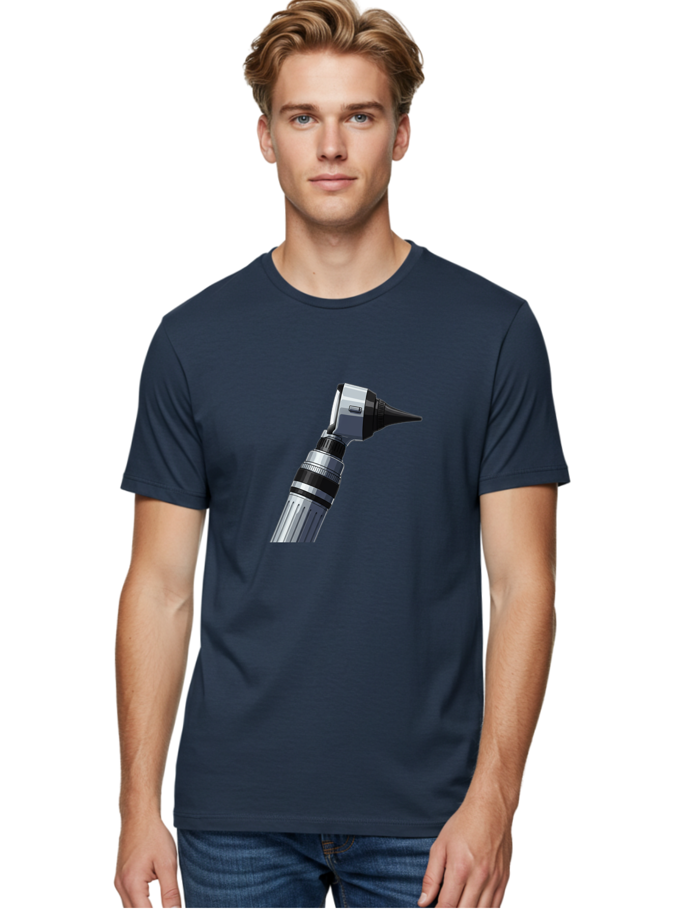 Otoscope Men'S Graphic Tee, 100% Cotton, Comfortable Casual Summer Wear, Machine Washable, Otoscope For Ear Examination, Medical Device, Healthcare Equipment, Doctor'S Tool, Silver And Black Design, Ear Inspection Bab059