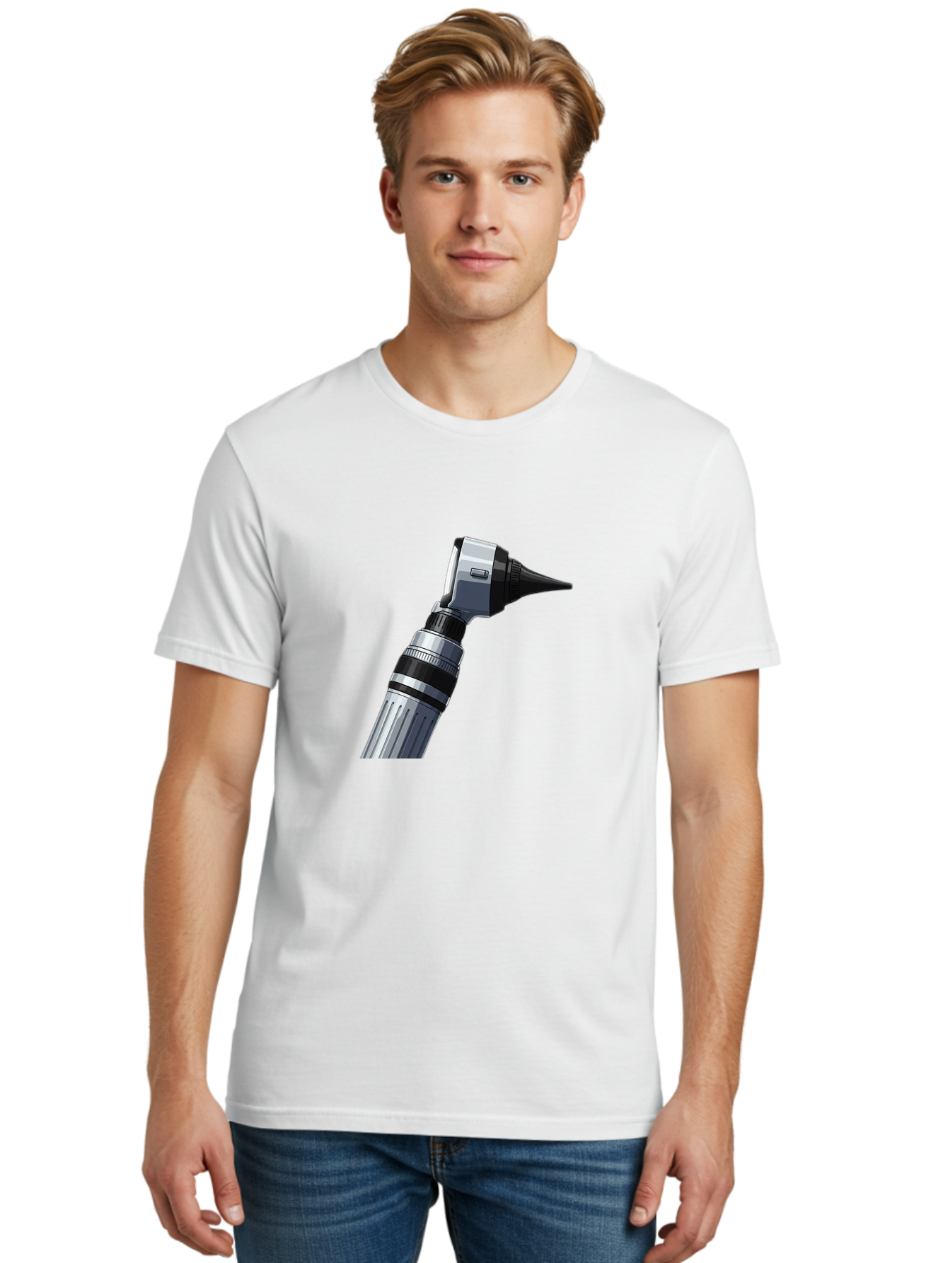 Otoscope Men'S Graphic Tee, 100% Cotton, Comfortable Casual Summer Wear, Machine Washable, Otoscope For Ear Examination, Medical Device, Healthcare Equipment, Doctor'S Tool, Silver And Black Design, Ear Inspection Bab059