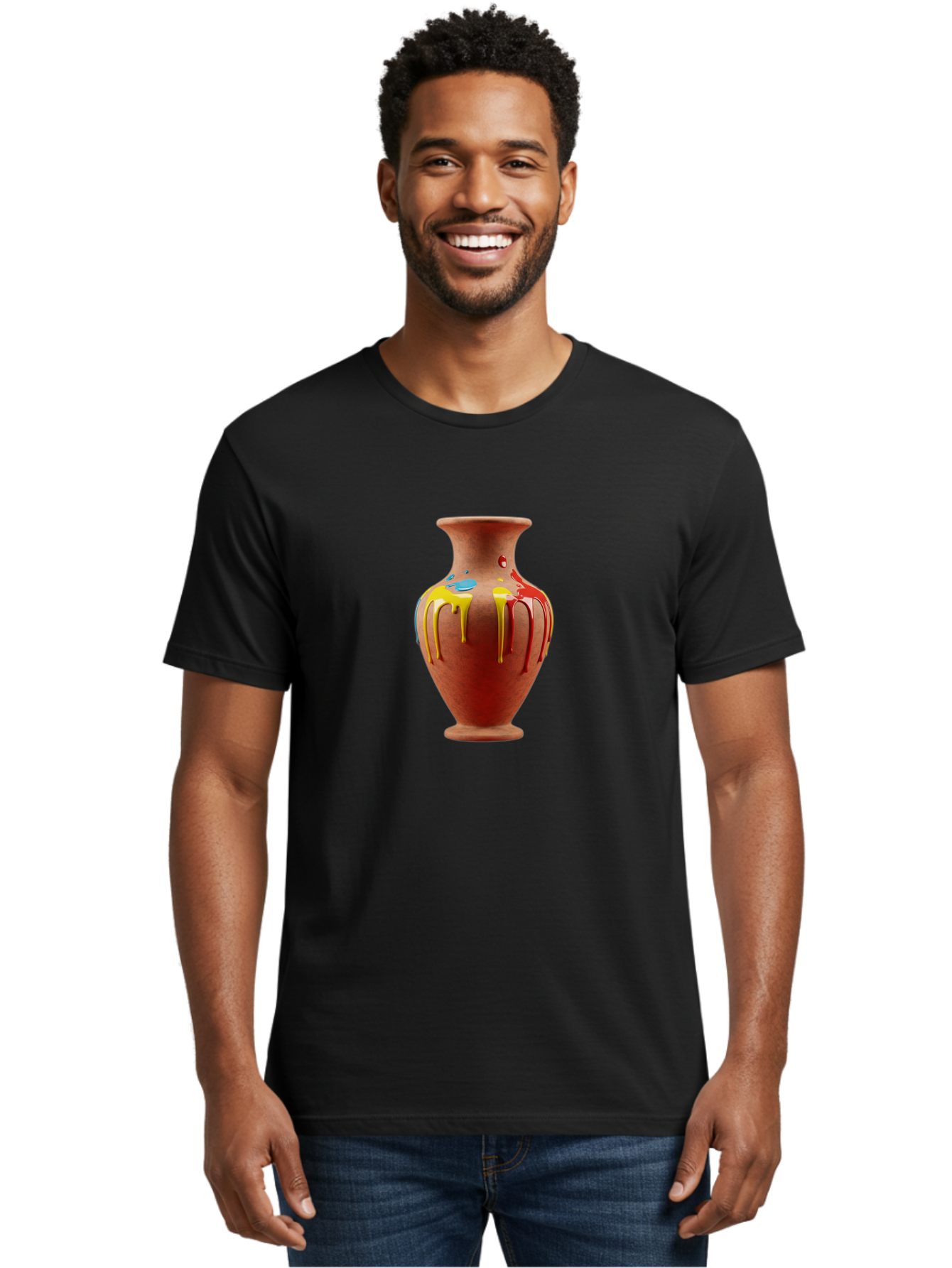Painted-Clay-Pot Men'S Graphic Tee, 100% Cotton, Comfortable Casual Summer Wear, Machine Washable, Painted Clay Vase, Pottery Art, Colorful Drip Design, Artistic Expression, Vibrant Colors, Handmade Decor, Unique Pottery, Decorative Vase, Bab062