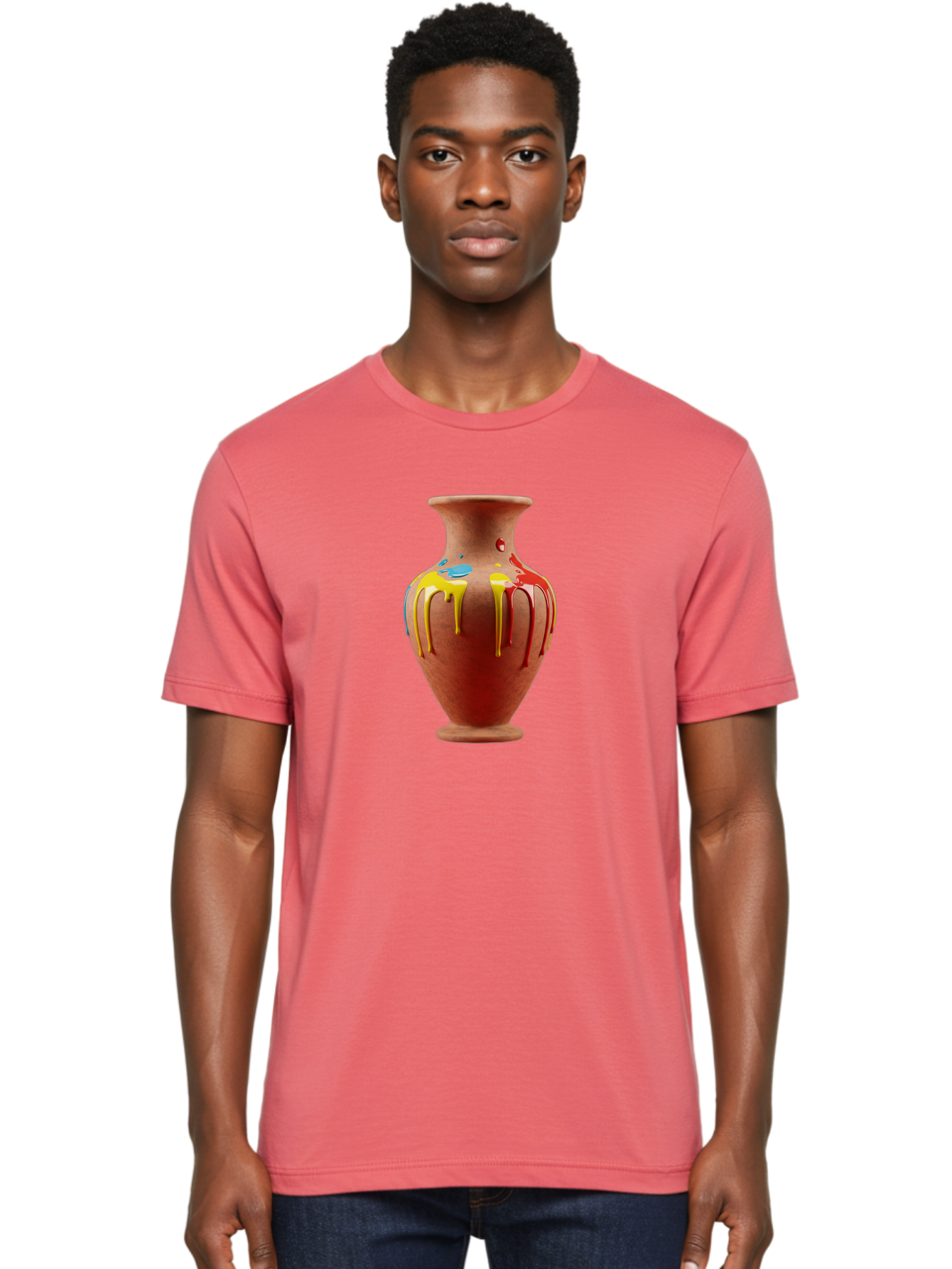 Painted-Clay-Pot Men'S Graphic Tee, 100% Cotton, Comfortable Casual Summer Wear, Machine Washable, Painted Clay Vase, Pottery Art, Colorful Drip Design, Artistic Expression, Vibrant Colors, Handmade Decor, Unique Pottery, Decorative Vase, Bab062