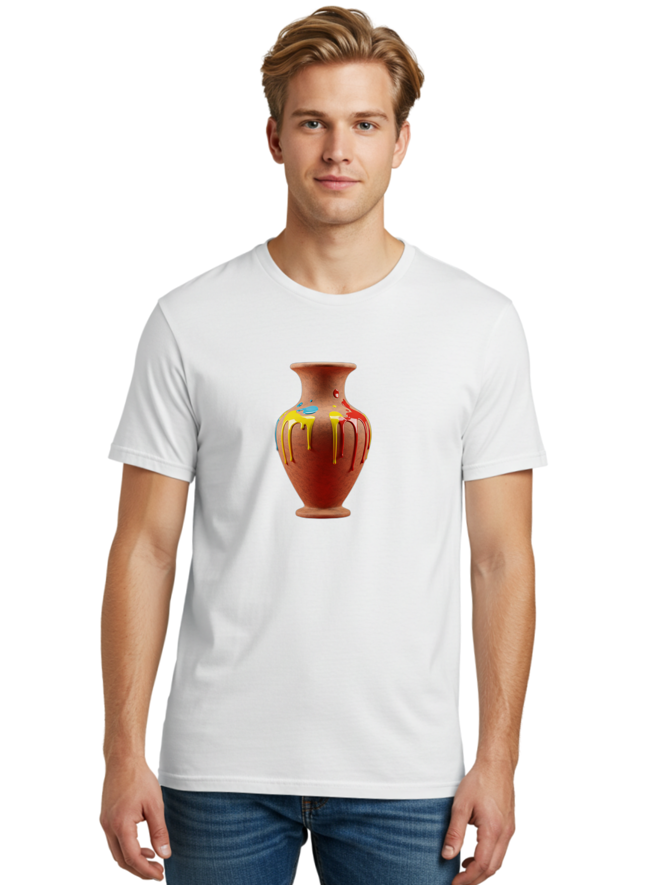 Painted-Clay-Pot Men'S Graphic Tee, 100% Cotton, Comfortable Casual Summer Wear, Machine Washable, Painted Clay Vase, Pottery Art, Colorful Drip Design, Artistic Expression, Vibrant Colors, Handmade Decor, Unique Pottery, Decorative Vase, Bab062