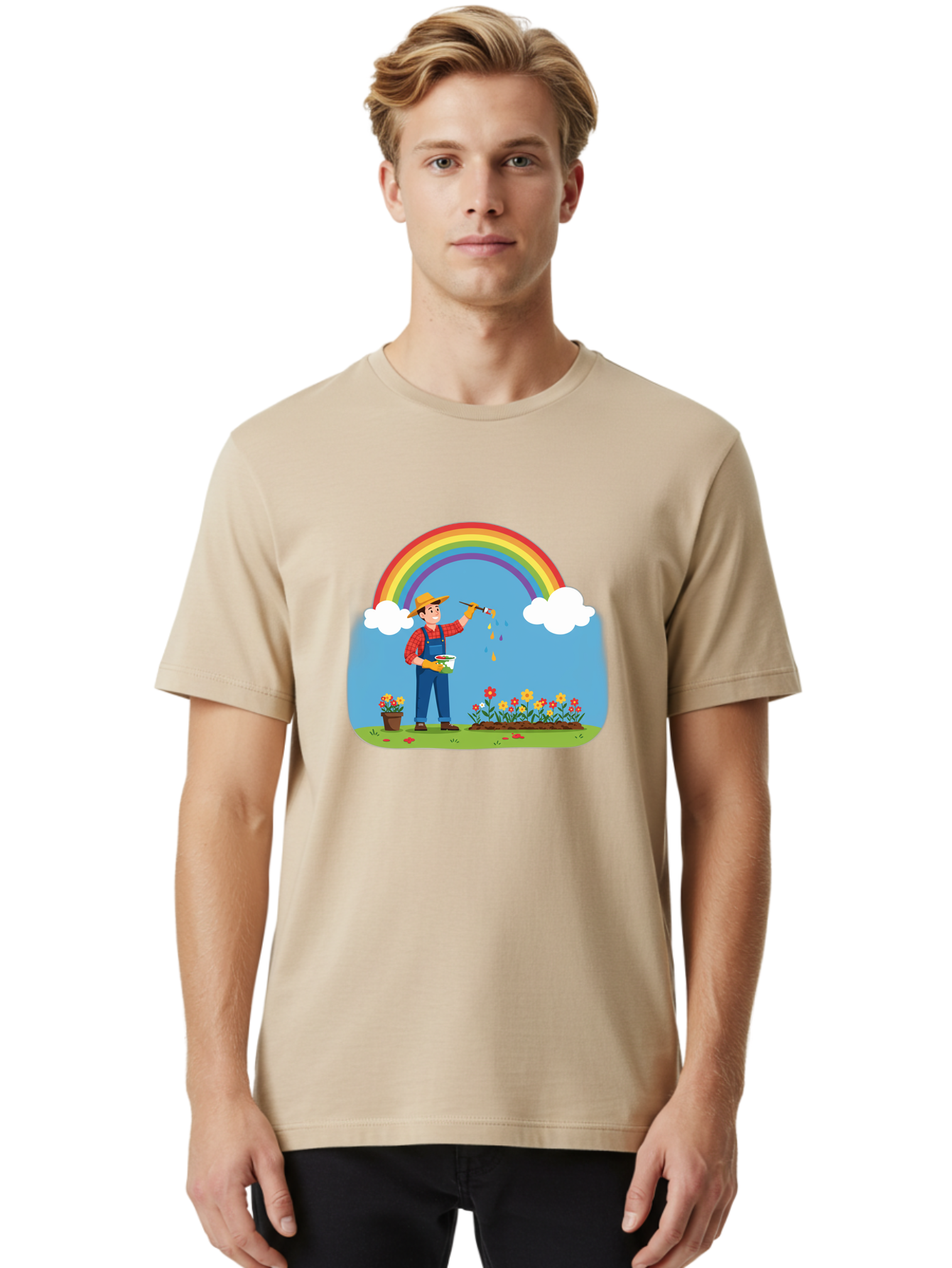 Painter-Under-Rainbow Men'S Graphic Tee, 100% Cotton, Comfortable Casual Summer Wear, Machine Washable, Painter Man, Rainbow Colors, Vibrant Flowers, Creative Painting, Colorful Artwork, Artistic Expression, Gardening Delight, Fantasy Garden Bab063