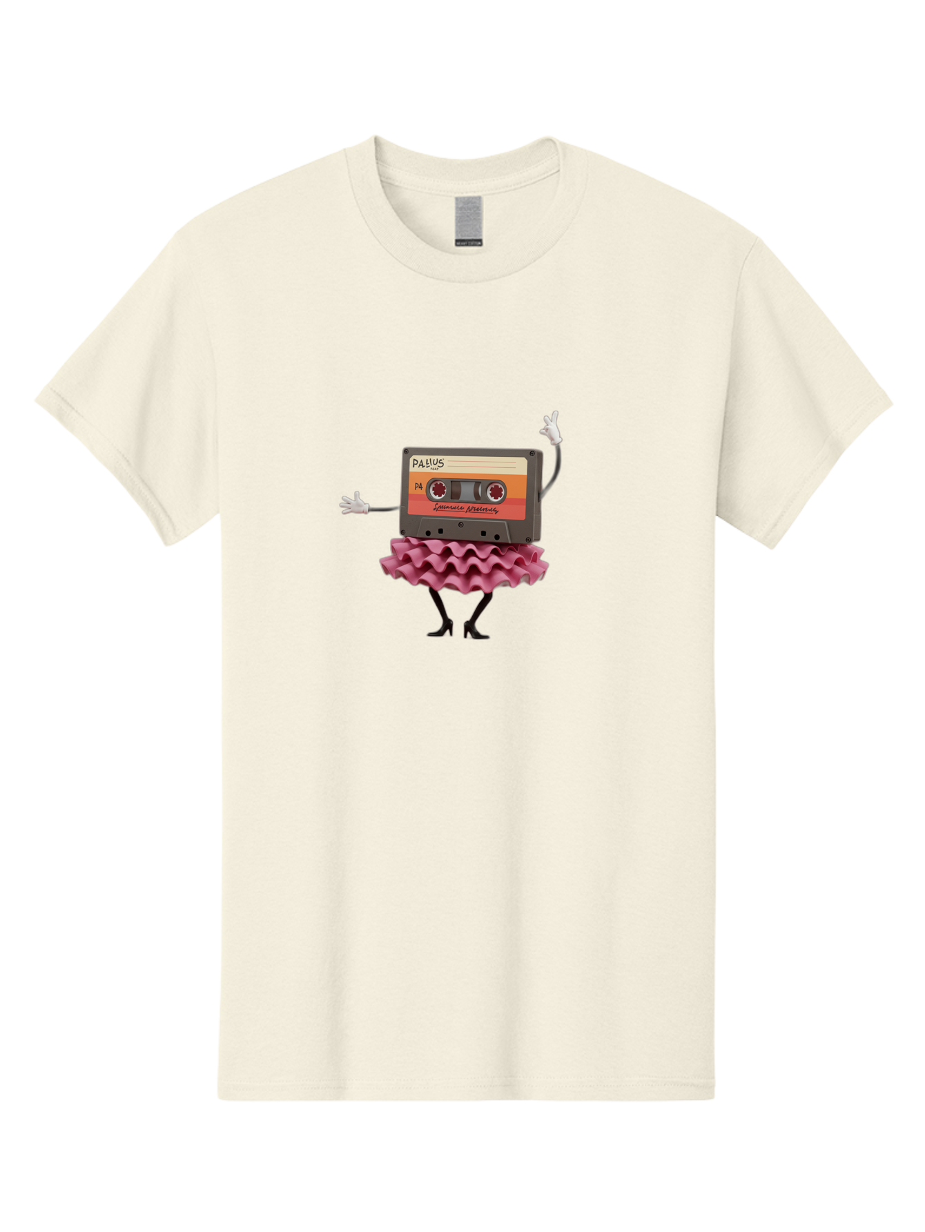 Pallus-Cassette Men'S Graphic Tee, 100% Cotton, Comfortable Casual Summer Wear, Machine Washable, Retro Cassette Tape, Feminine Twist, Dance Move, Ruffled Skirt, Nostalgic Charm, Fun, Quirky, Playful, Vintage Style, Mix Tape, Pallus Mix Tape, Bab064