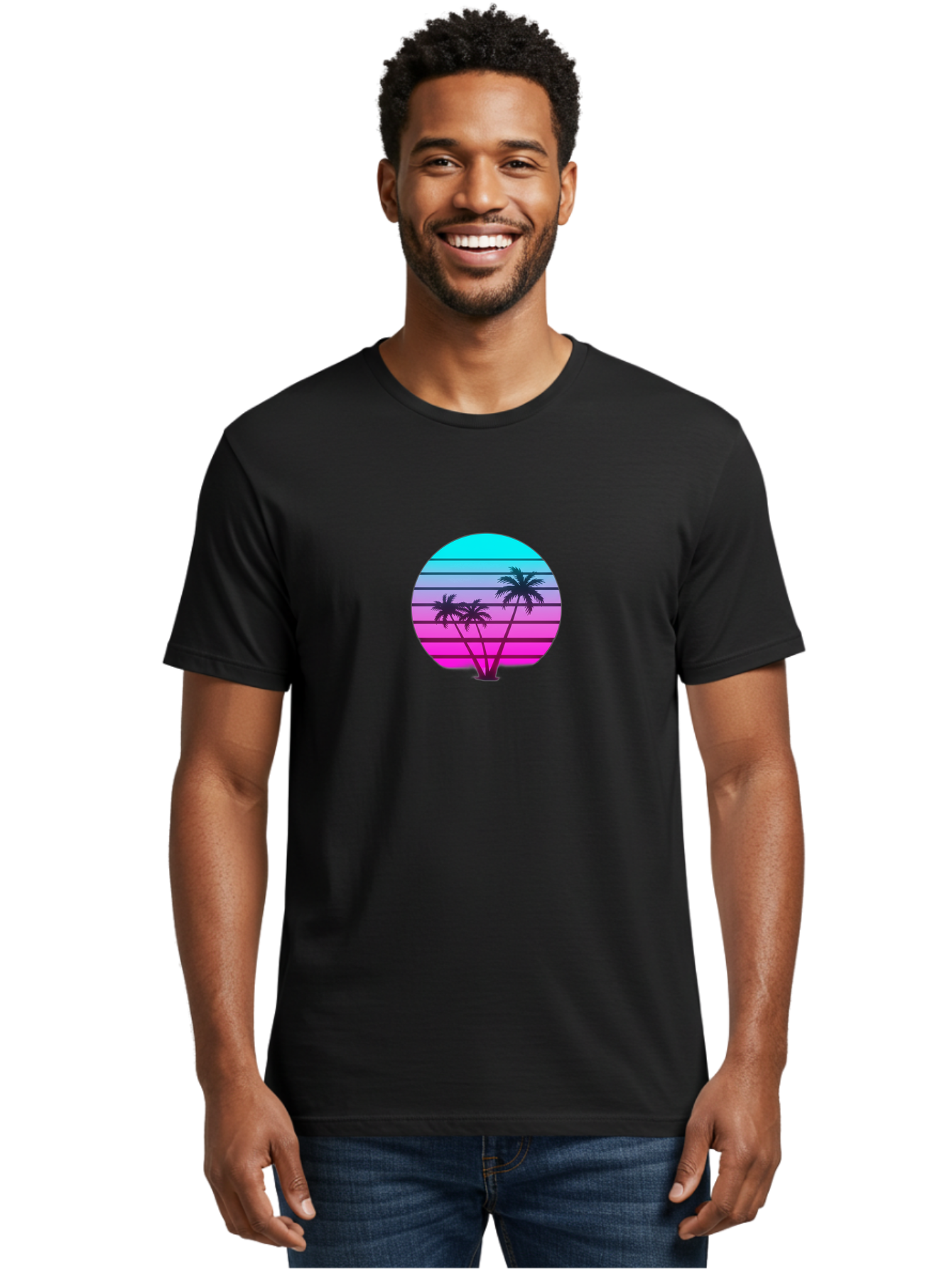 Palm-Trees Men'S Graphic Tee, 100% Cotton, Comfortable Casual Summer Wear, Machine Washable, Retro Futurism, Synthwave Aesthetic, Pastel Colors, Palm Trees, Gradient Effect, Vaporwave Style, 80S Vibe, Futuristic Landscape, Tropical Scene, Bab065