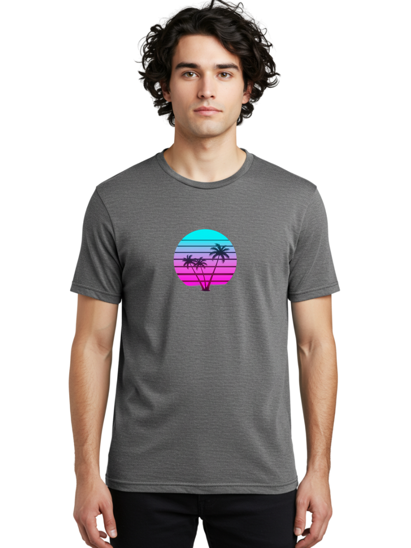 Palm-Trees Men'S Graphic Tee, 100% Cotton, Comfortable Casual Summer Wear, Machine Washable, Retro Futurism, Synthwave Aesthetic, Pastel Colors, Palm Trees, Gradient Effect, Vaporwave Style, 80S Vibe, Futuristic Landscape, Tropical Scene, Bab065
