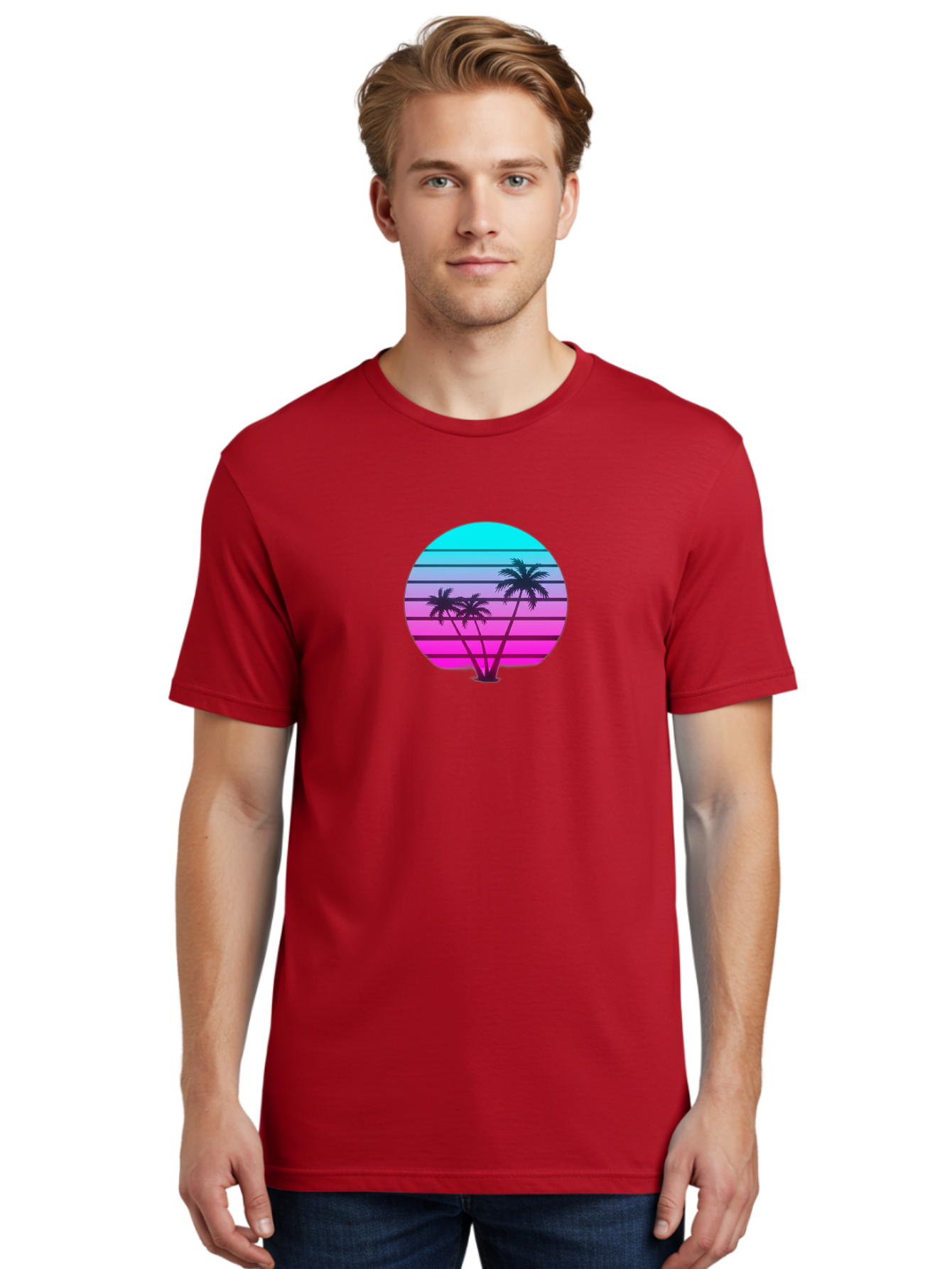 Palm-Trees Men'S Graphic Tee, 100% Cotton, Comfortable Casual Summer Wear, Machine Washable, Retro Futurism, Synthwave Aesthetic, Pastel Colors, Palm Trees, Gradient Effect, Vaporwave Style, 80S Vibe, Futuristic Landscape, Tropical Scene, Bab065