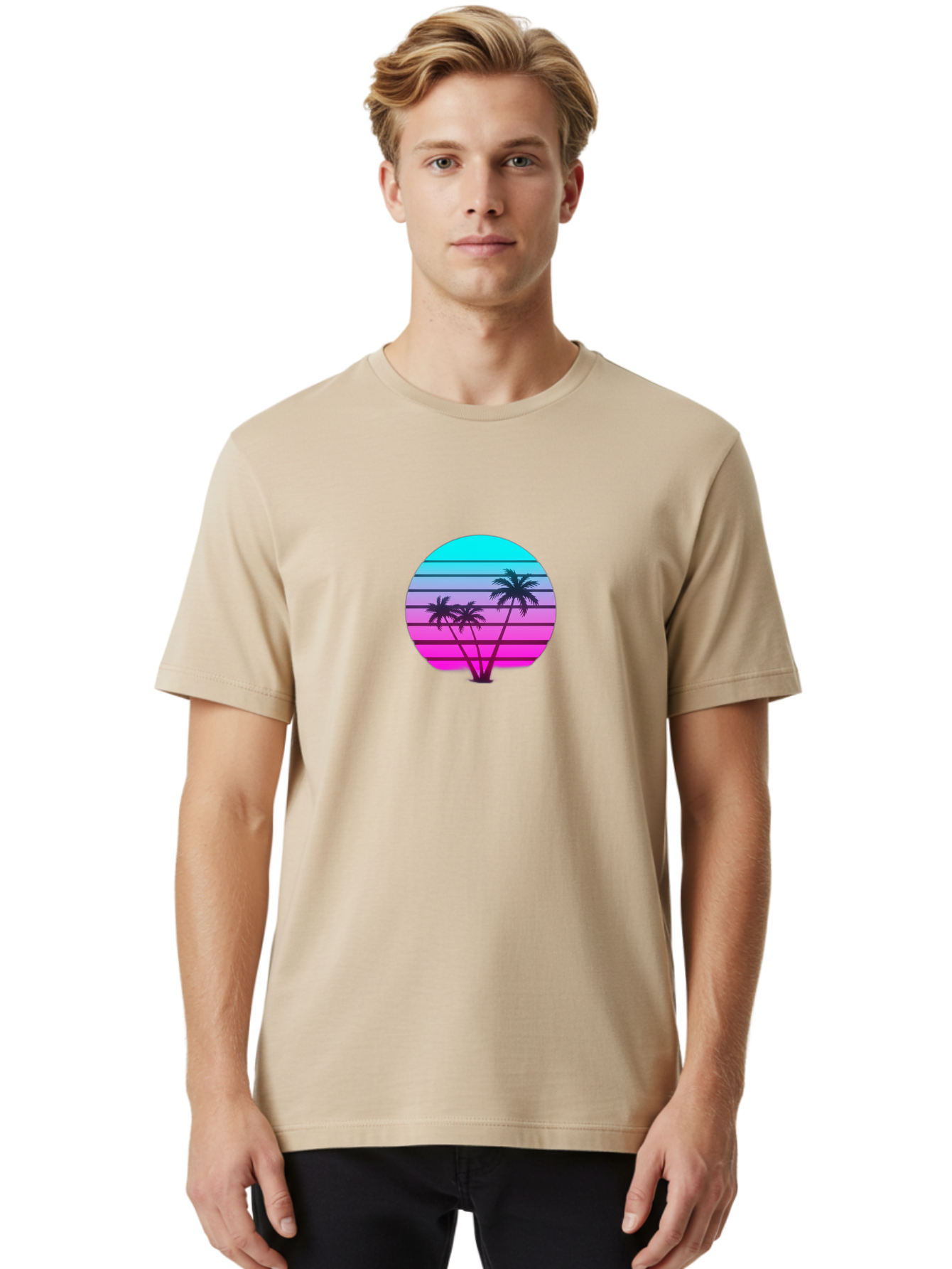 Palm-Trees Men'S Graphic Tee, 100% Cotton, Comfortable Casual Summer Wear, Machine Washable, Retro Futurism, Synthwave Aesthetic, Pastel Colors, Palm Trees, Gradient Effect, Vaporwave Style, 80S Vibe, Futuristic Landscape, Tropical Scene, Bab065