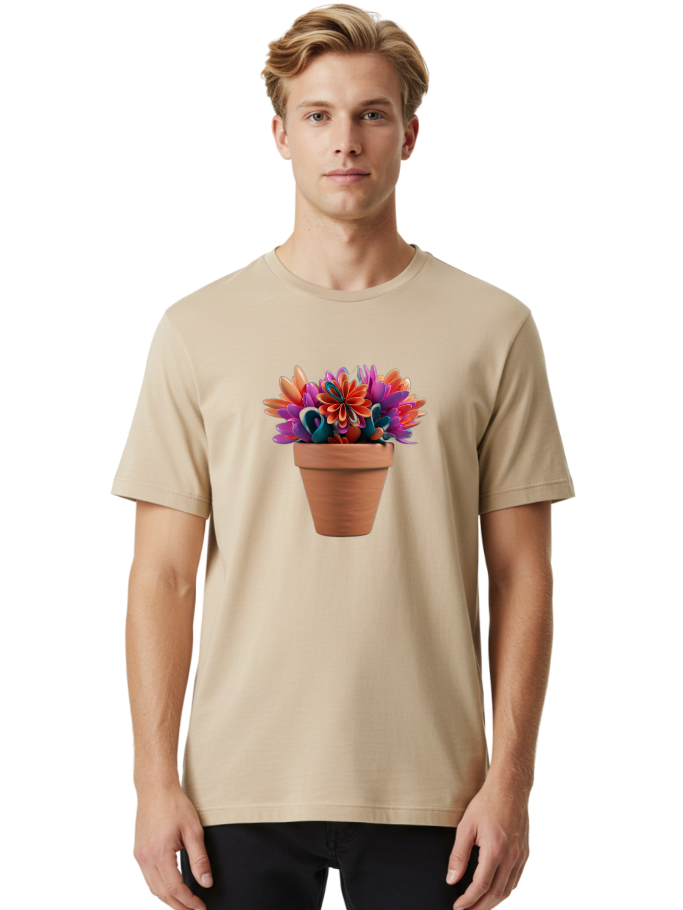Paper-Flowers-In-Terracotta-Pot Men'S Graphic Tee, 100% Cotton, Comfortable Casual Summer Wear, Machine Washable, Paper Flowers In Pot, Colorful Blooms, Vibrant Petals, Creative Decoration, Handmade Art, Floral Arrangement, Orange, Purple, Bab066