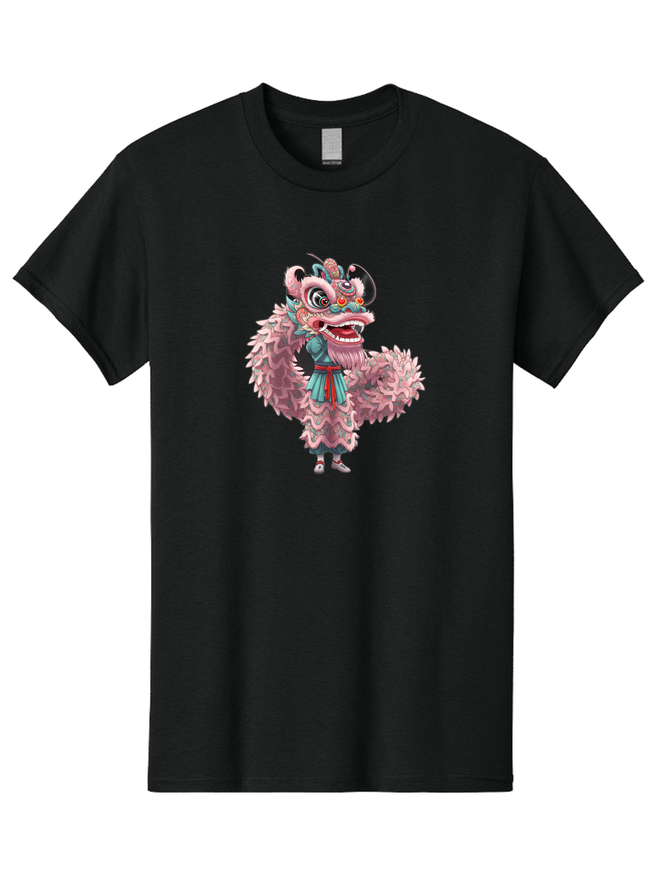 Pastel-Lion-Dance-Costume Men'S Graphic Tee, 100% Cotton, Comfortable Casual Summer Wear, Machine Washable, Lion Dance Costume, Traditional Chinese Dance, Cultural Heritage, Festive Atmosphere, Vibrant Colors, Pink Lion, Teal Robes, Red Sash, Bab068