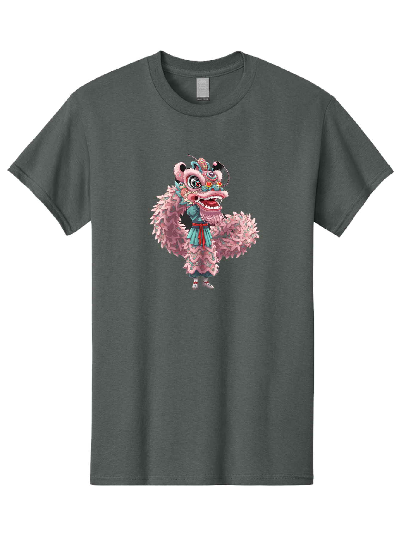 Pastel-Lion-Dance-Costume Men'S Graphic Tee, 100% Cotton, Comfortable Casual Summer Wear, Machine Washable, Lion Dance Costume, Traditional Chinese Dance, Cultural Heritage, Festive Atmosphere, Vibrant Colors, Pink Lion, Teal Robes, Red Sash, Bab068