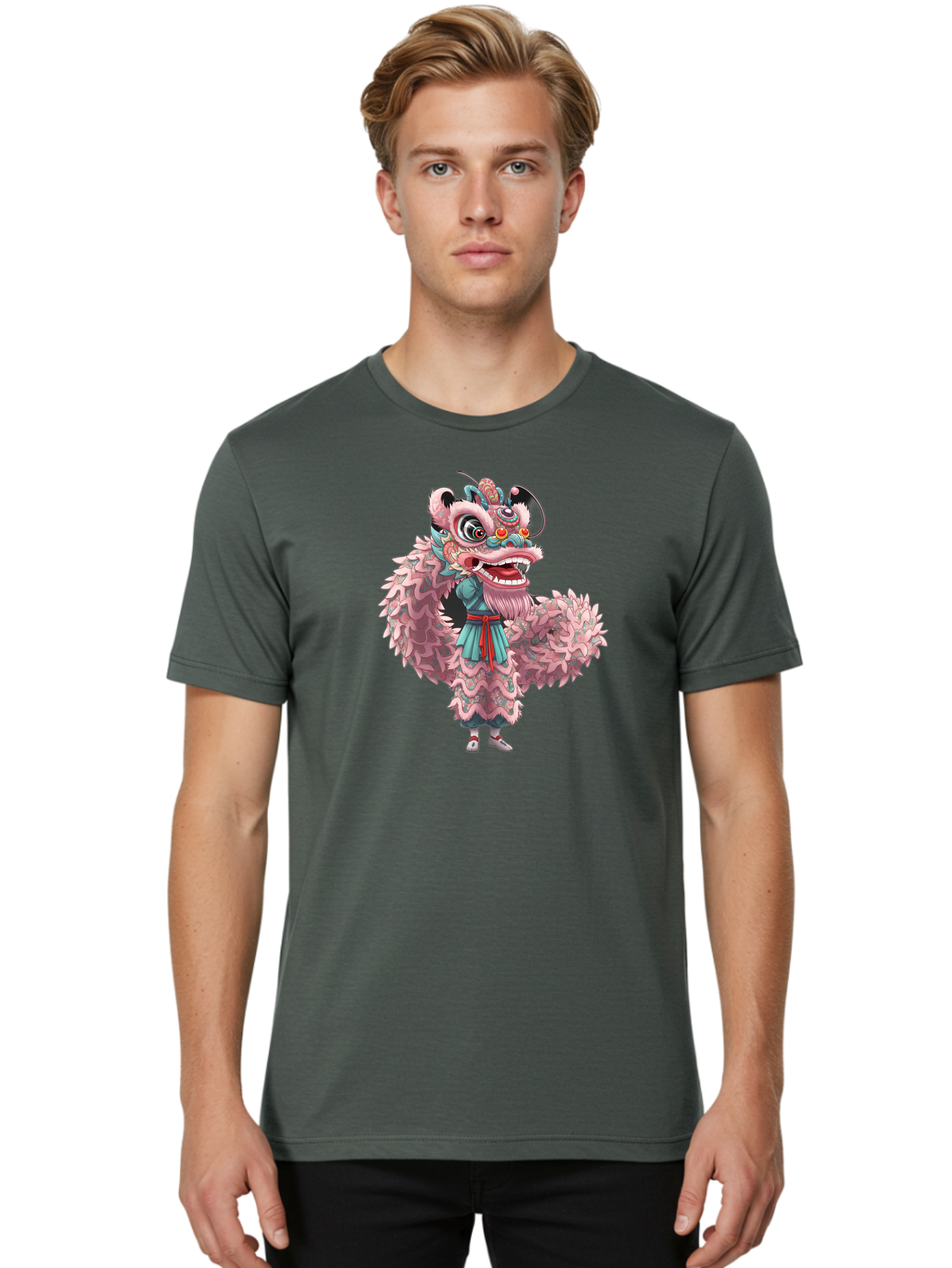 Pastel-Lion-Dance-Costume Men'S Graphic Tee, 100% Cotton, Comfortable Casual Summer Wear, Machine Washable, Lion Dance Costume, Traditional Chinese Dance, Cultural Heritage, Festive Atmosphere, Vibrant Colors, Pink Lion, Teal Robes, Red Sash, Bab068
