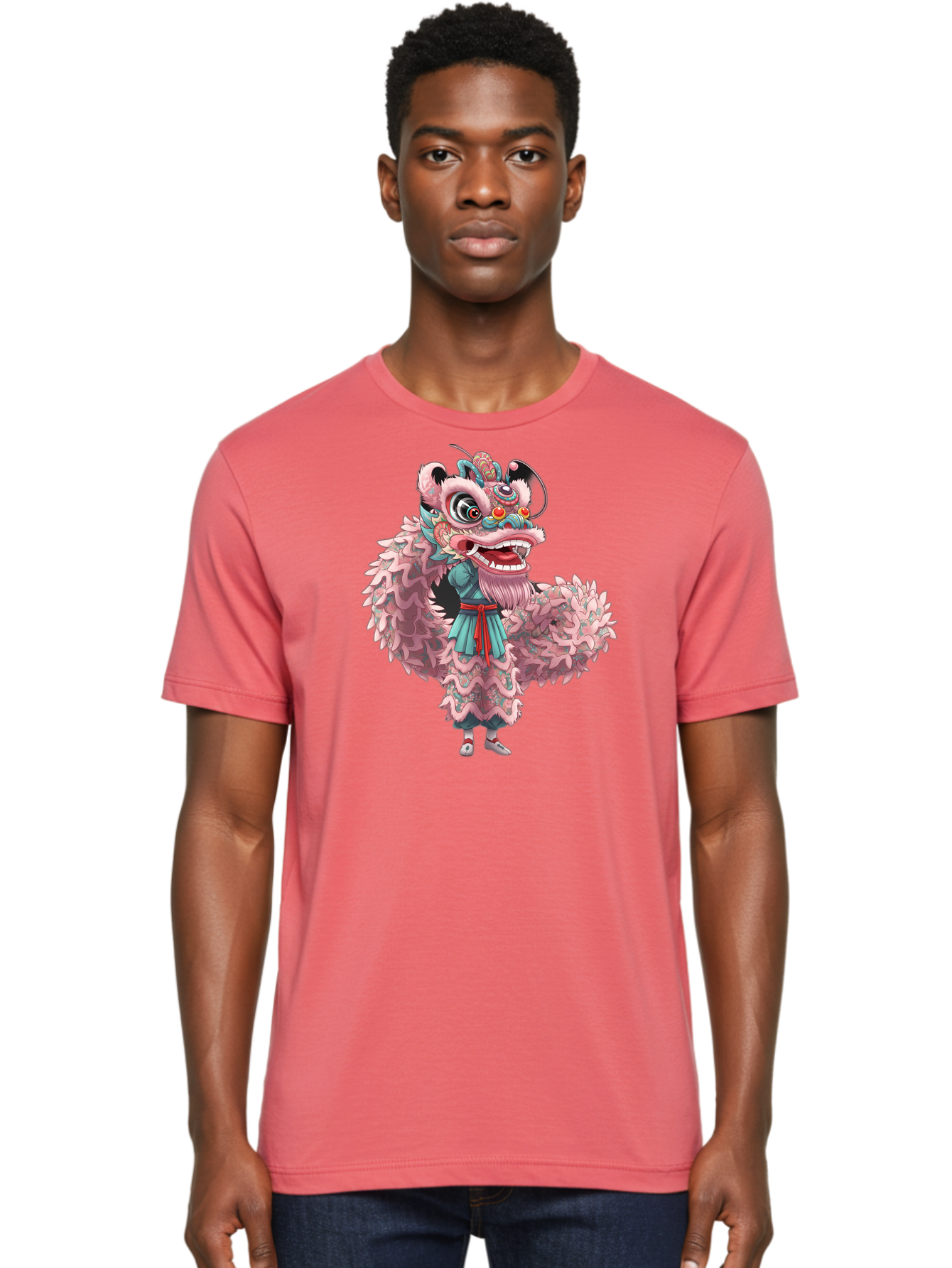 Pastel-Lion-Dance-Costume Men'S Graphic Tee, 100% Cotton, Comfortable Casual Summer Wear, Machine Washable, Lion Dance Costume, Traditional Chinese Dance, Cultural Heritage, Festive Atmosphere, Vibrant Colors, Pink Lion, Teal Robes, Red Sash, Bab068