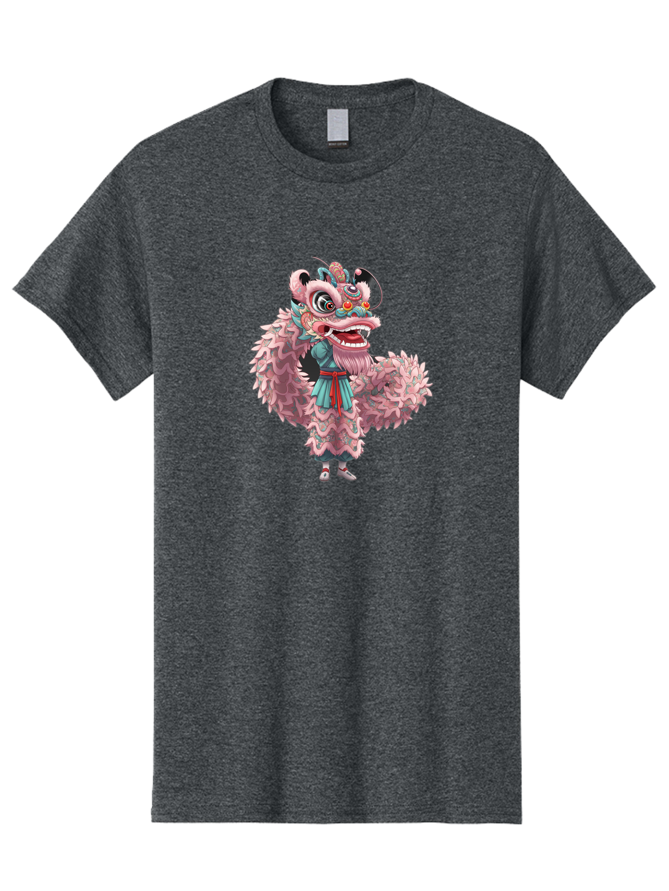 Pastel-Lion-Dance-Costume Men'S Graphic Tee, 100% Cotton, Comfortable Casual Summer Wear, Machine Washable, Lion Dance Costume, Traditional Chinese Dance, Cultural Heritage, Festive Atmosphere, Vibrant Colors, Pink Lion, Teal Robes, Red Sash, Bab068