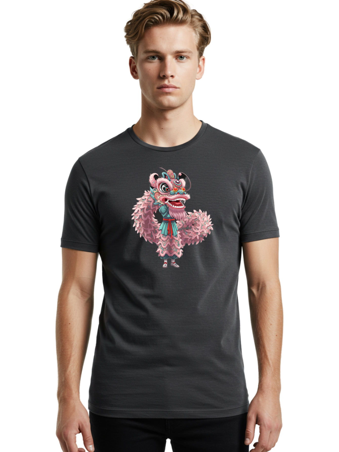 Pastel-Lion-Dance-Costume Men'S Graphic Tee, 100% Cotton, Comfortable Casual Summer Wear, Machine Washable, Lion Dance Costume, Traditional Chinese Dance, Cultural Heritage, Festive Atmosphere, Vibrant Colors, Pink Lion, Teal Robes, Red Sash, Bab068
