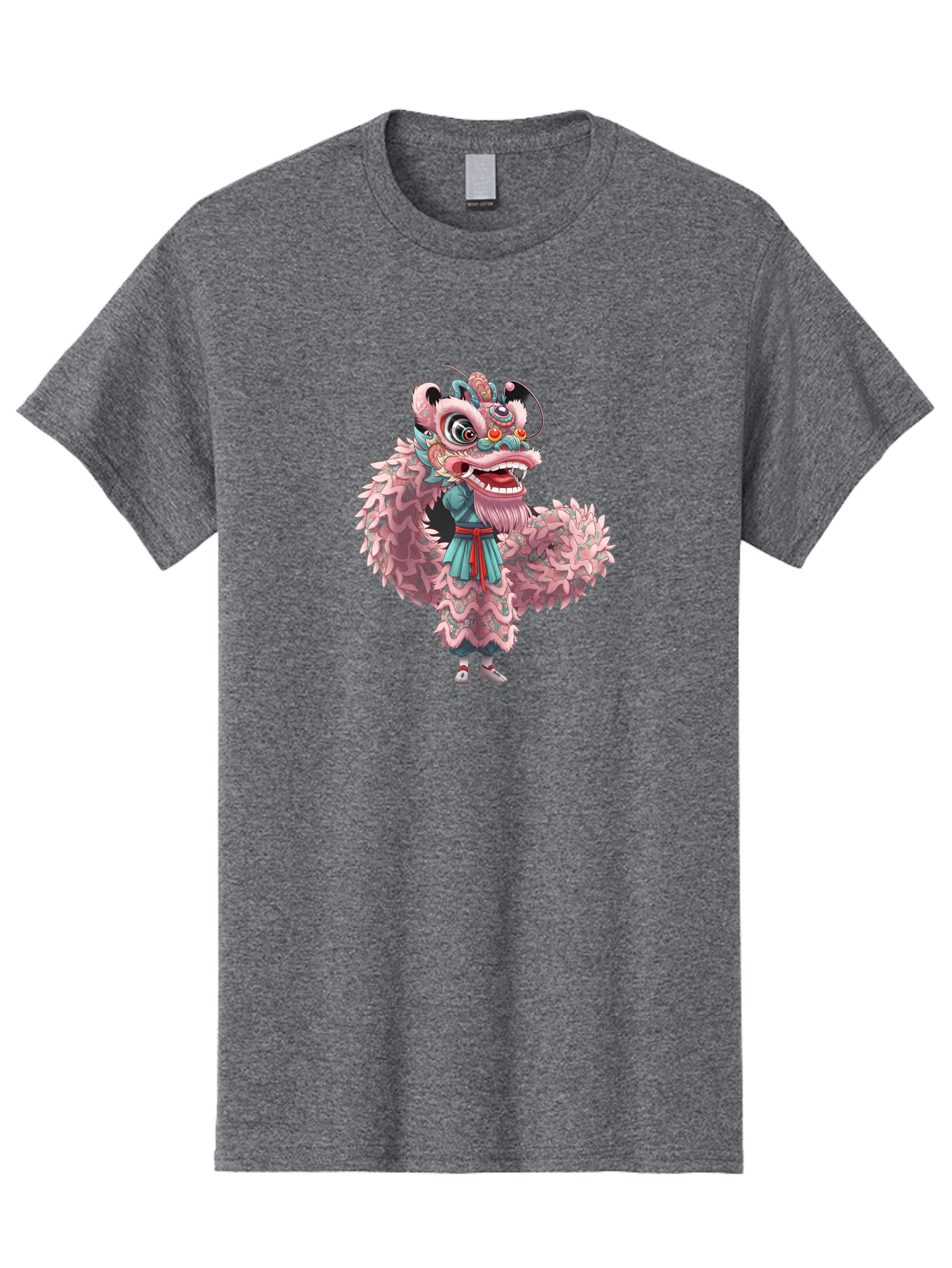 Pastel-Lion-Dance-Costume Men'S Graphic Tee, 100% Cotton, Comfortable Casual Summer Wear, Machine Washable, Lion Dance Costume, Traditional Chinese Dance, Cultural Heritage, Festive Atmosphere, Vibrant Colors, Pink Lion, Teal Robes, Red Sash, Bab068