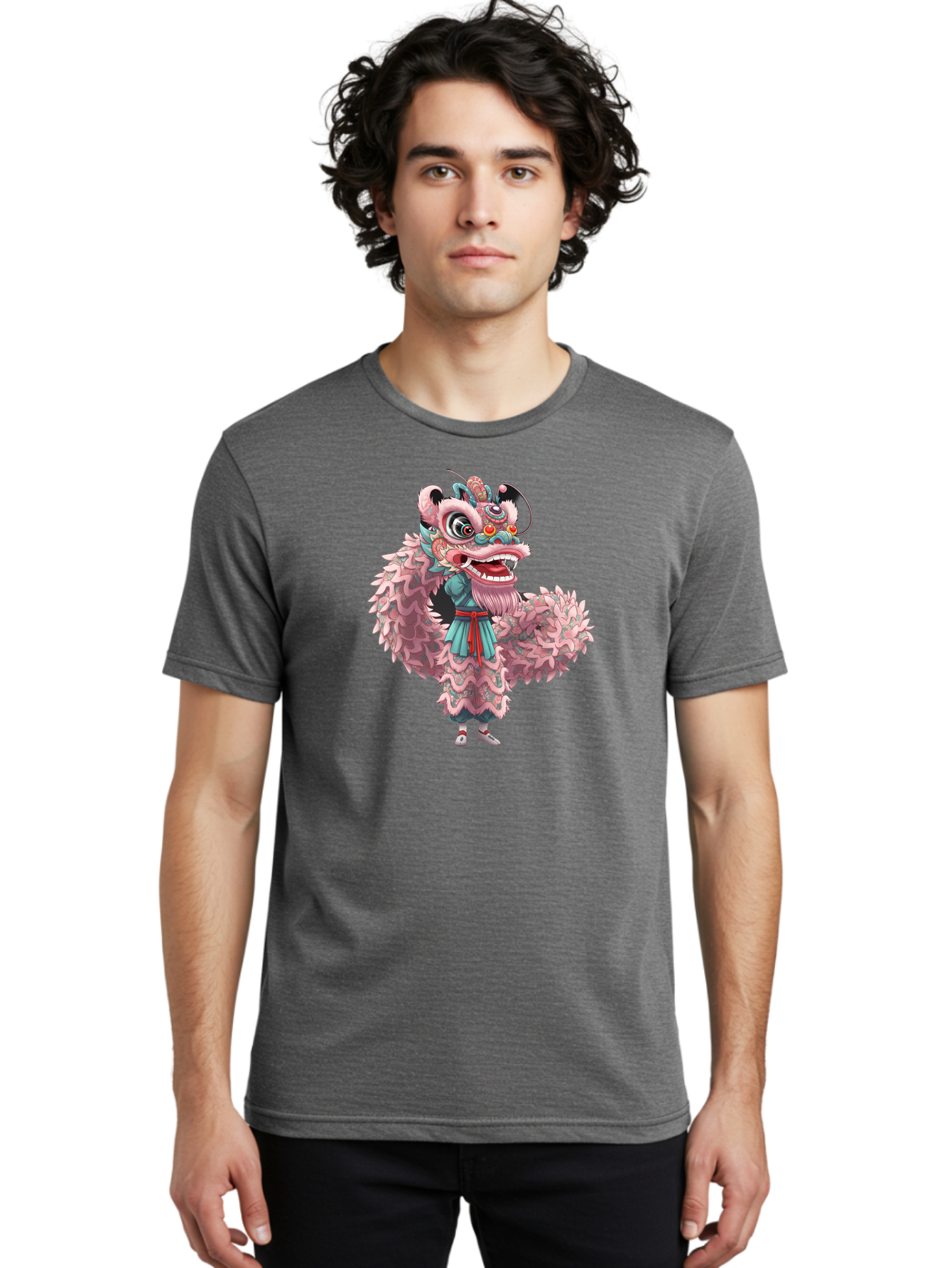 Pastel-Lion-Dance-Costume Men'S Graphic Tee, 100% Cotton, Comfortable Casual Summer Wear, Machine Washable, Lion Dance Costume, Traditional Chinese Dance, Cultural Heritage, Festive Atmosphere, Vibrant Colors, Pink Lion, Teal Robes, Red Sash, Bab068