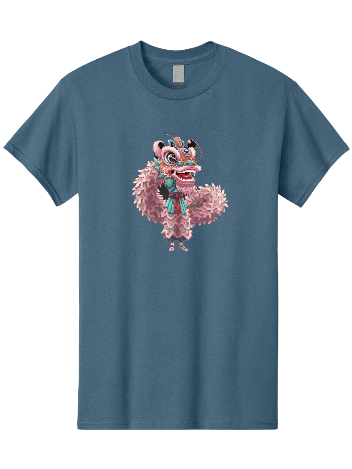 Pastel-Lion-Dance-Costume Men'S Graphic Tee, 100% Cotton, Comfortable Casual Summer Wear, Machine Washable, Lion Dance Costume, Traditional Chinese Dance, Cultural Heritage, Festive Atmosphere, Vibrant Colors, Pink Lion, Teal Robes, Red Sash, Bab068