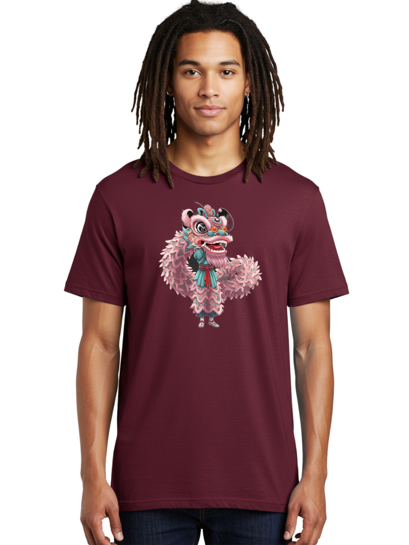 Pastel-Lion-Dance-Costume Men'S Graphic Tee, 100% Cotton, Comfortable Casual Summer Wear, Machine Washable, Lion Dance Costume, Traditional Chinese Dance, Cultural Heritage, Festive Atmosphere, Vibrant Colors, Pink Lion, Teal Robes, Red Sash, Bab068